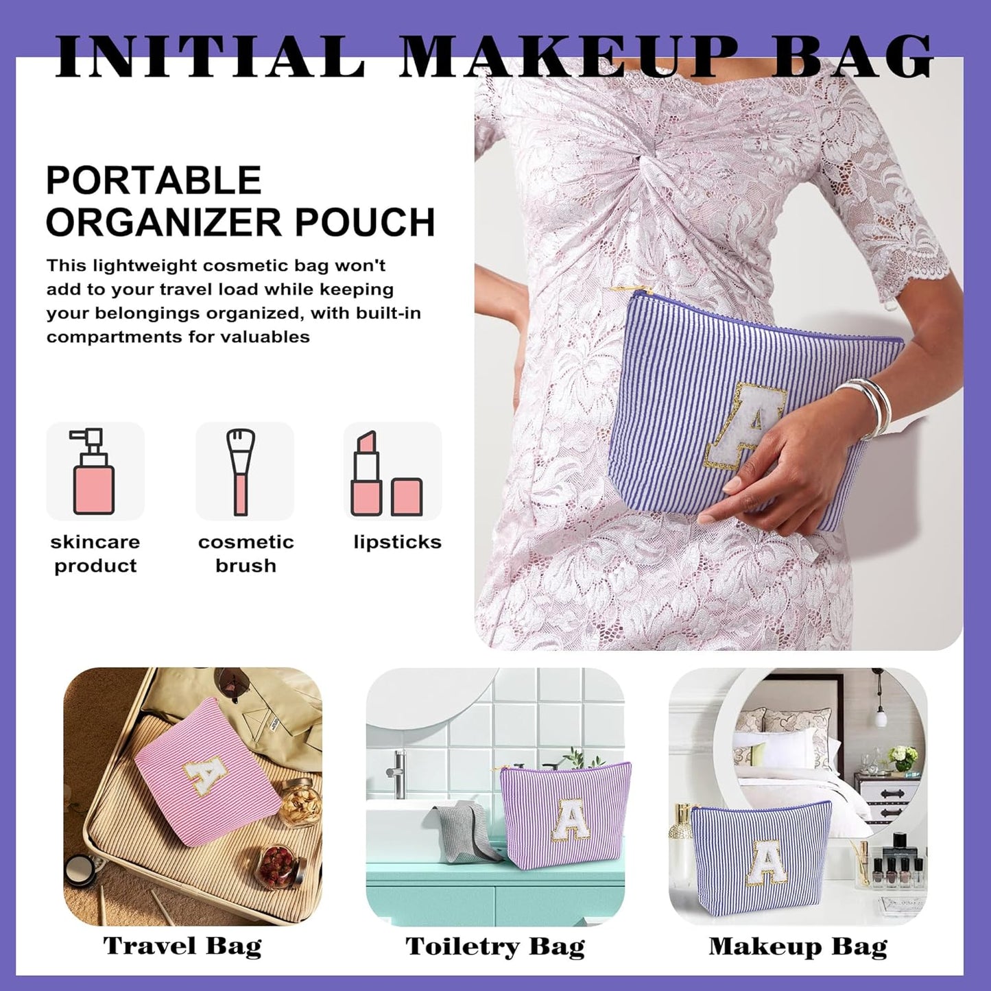 Small Makeup Bag for Purse - Travel Makeup Bag Set, Initial Make up Bag Organizer Makeup Pouch, Blue Preppy Stuff Birthday Gifts for Women Travel Essentials, Blue Letter H