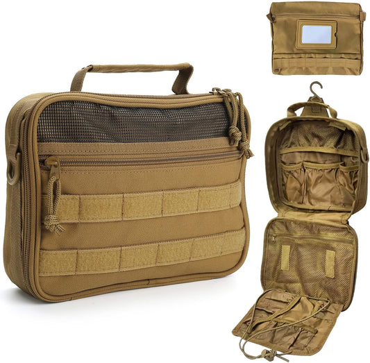 SUNRISING Tactical Toiletry Bag for Men Hanging Travel Toiletries Organizer Dopp Kit Toiletry Bags Shaving Hygiene Bag, Durable Bathroom Essentials Men's Toiletry Bag for Short Trips Camping - Khaki