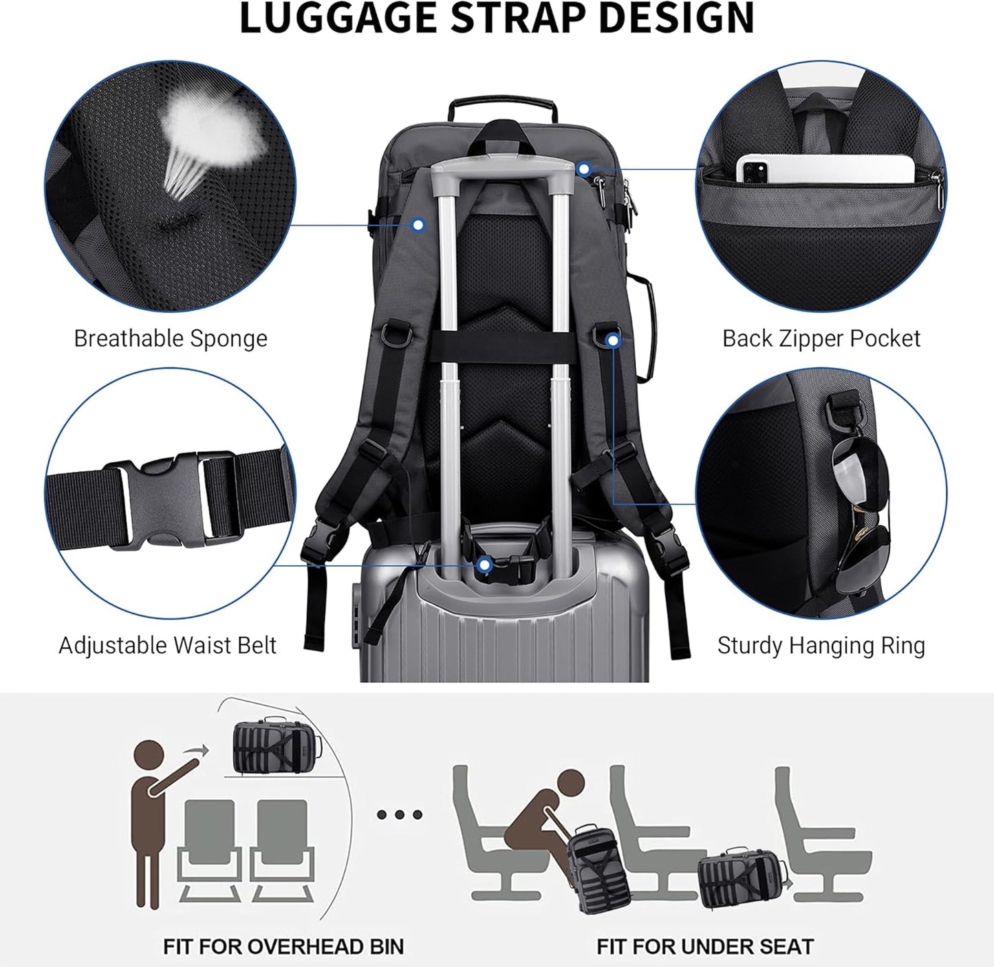 WITZMAN Carry On Travel Backpack for Men Large Convertible 45L Fit 17 Inch Laptop Backpack 3 in 1
