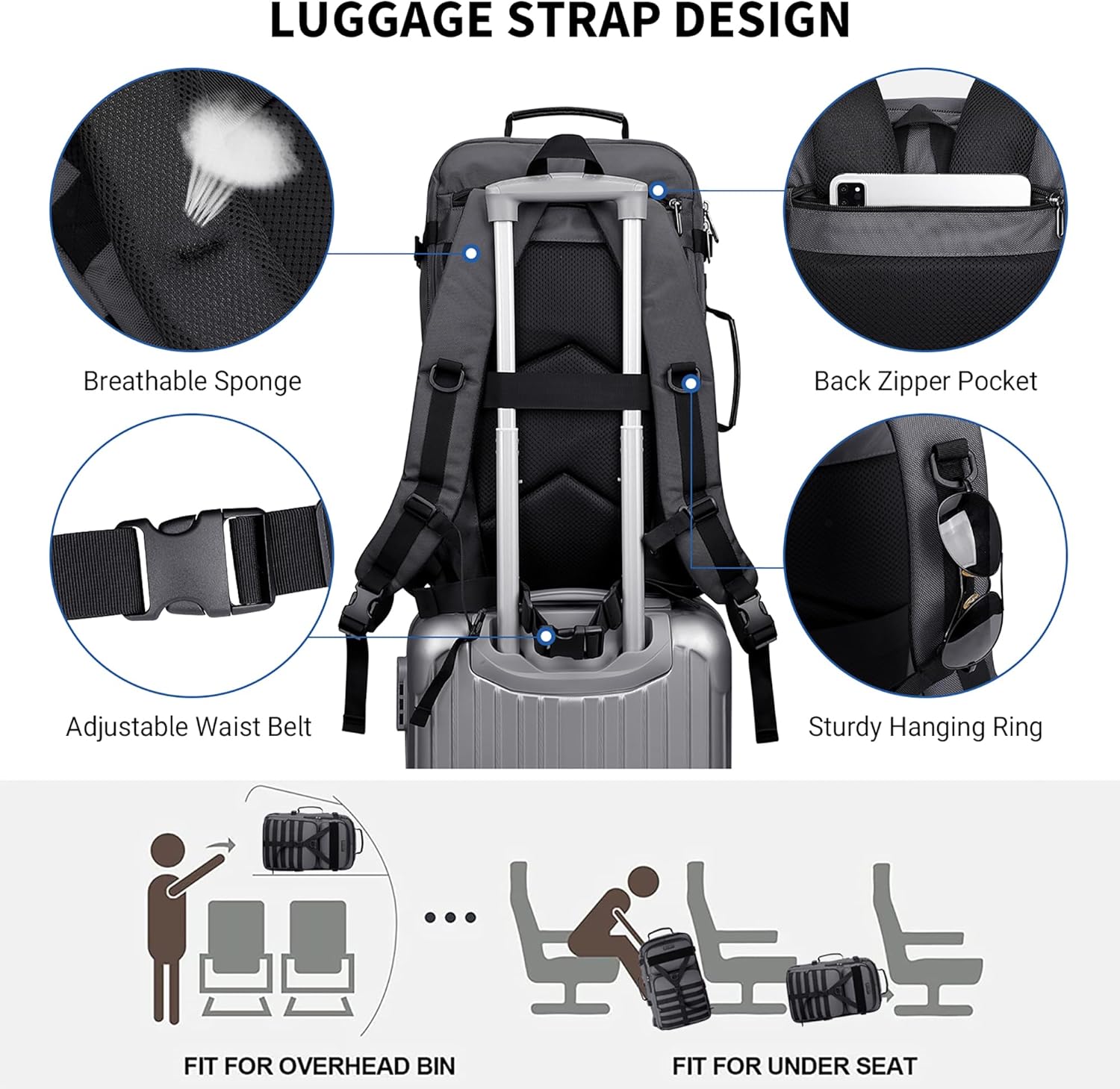 WITZMAN Carry On Travel Backpack for Men Large Convertible 45L Fit 17 Inch Laptop Backpack 3 in 1