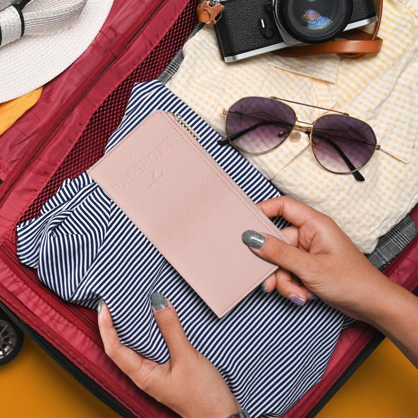 RFID Passport Wallet for Women & Men, Leather Zipper Travel Organizer with Waterproof Design (Pink)
