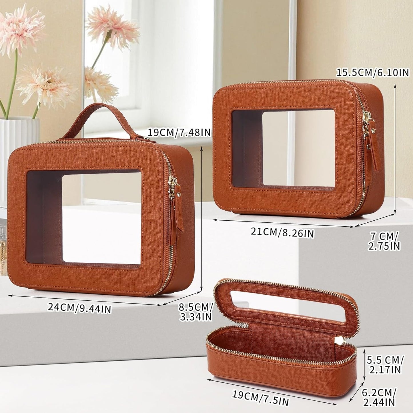 Travel Makeup Set Waterproof Transparent Cosmetic Bag and Toiletry Bag Makeup Brush case with Zipper Car Essentials for Women (Brown, L+M+SLIM)