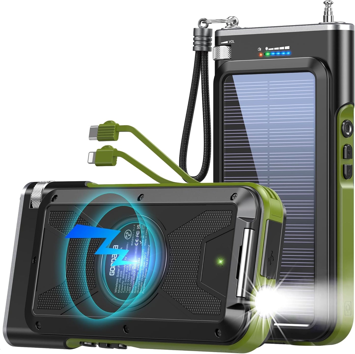 GOODaaa Solar Power Bank, 45800mAh Wireless Portable Charger Built-in Cables,15W Fast Charging Solar Charger, USB C in&Out and USB A Battery Pack for Outdoor with Radio,Flashlight