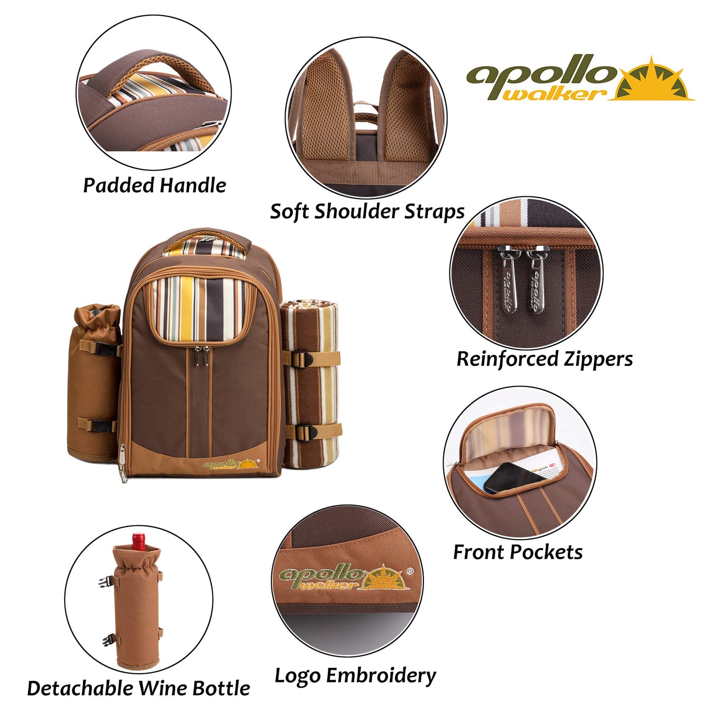 Picnic Backpack, 4-Person with Blanket & Wine, Family & Lovers Gift, Brown