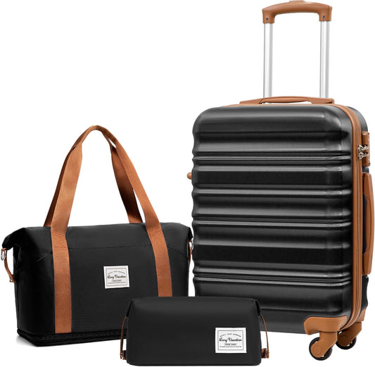 LONG VACATION Carry On Luggage Sets 3 Piece 20 Inch Suitcase Set, ABS+PC Hardshell Lightweight Travel Luggage with Spinner Wheels & YKK Zipper TSA Lock (BLACK-BROWN, 20 Inch)