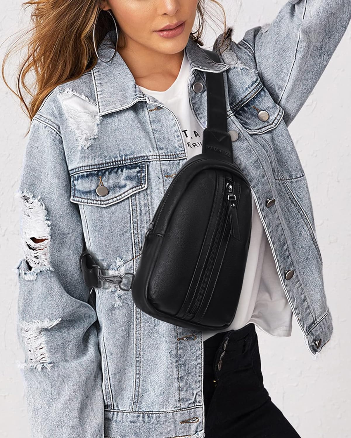 MASINTOR Small Sling Bag for Women and Men - Vegan Leather Crossbody Fanny Pack with Multiple Compartments for Everyday Use Pure Black