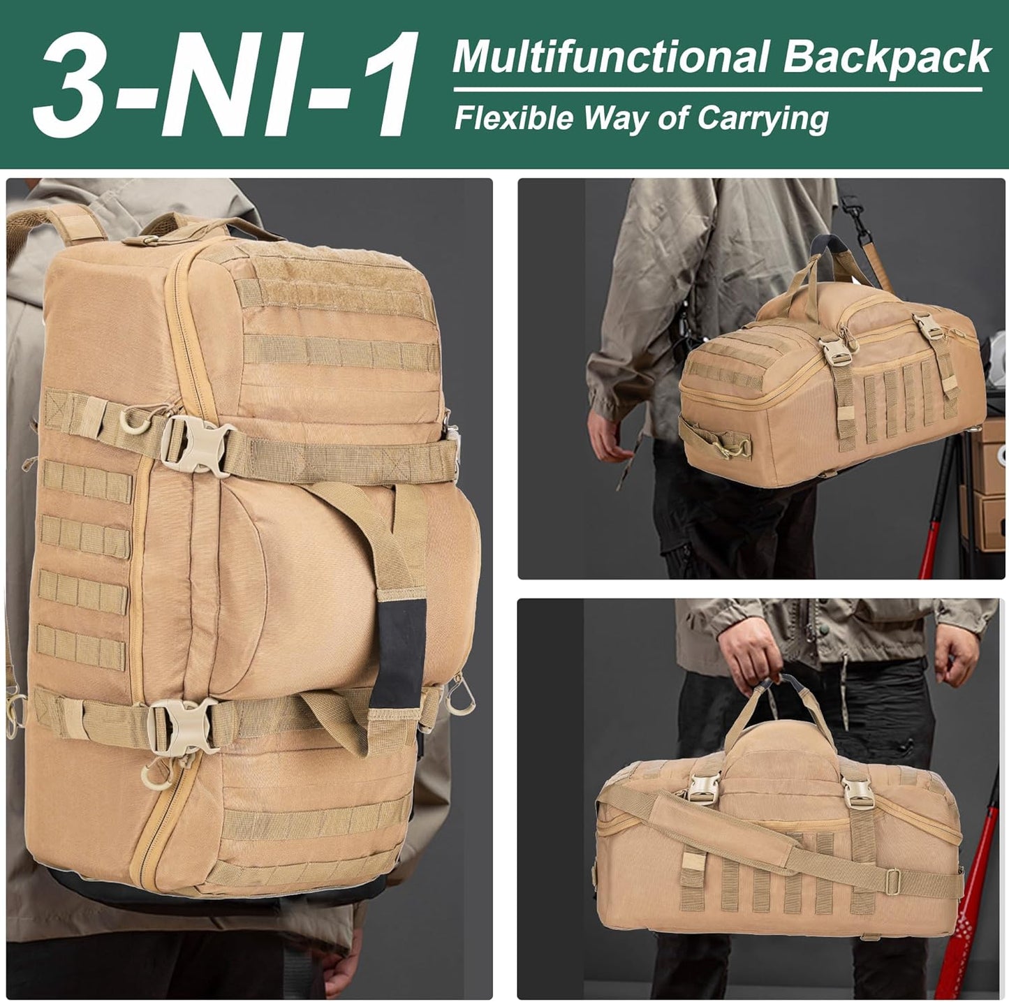 Gym Bag Duffle Bags Backpack Travel Duffle Bag with Weekend Overnight Bag for Outdoor Tactical Sports Travel Camping Hunting (Coyote, 60L)