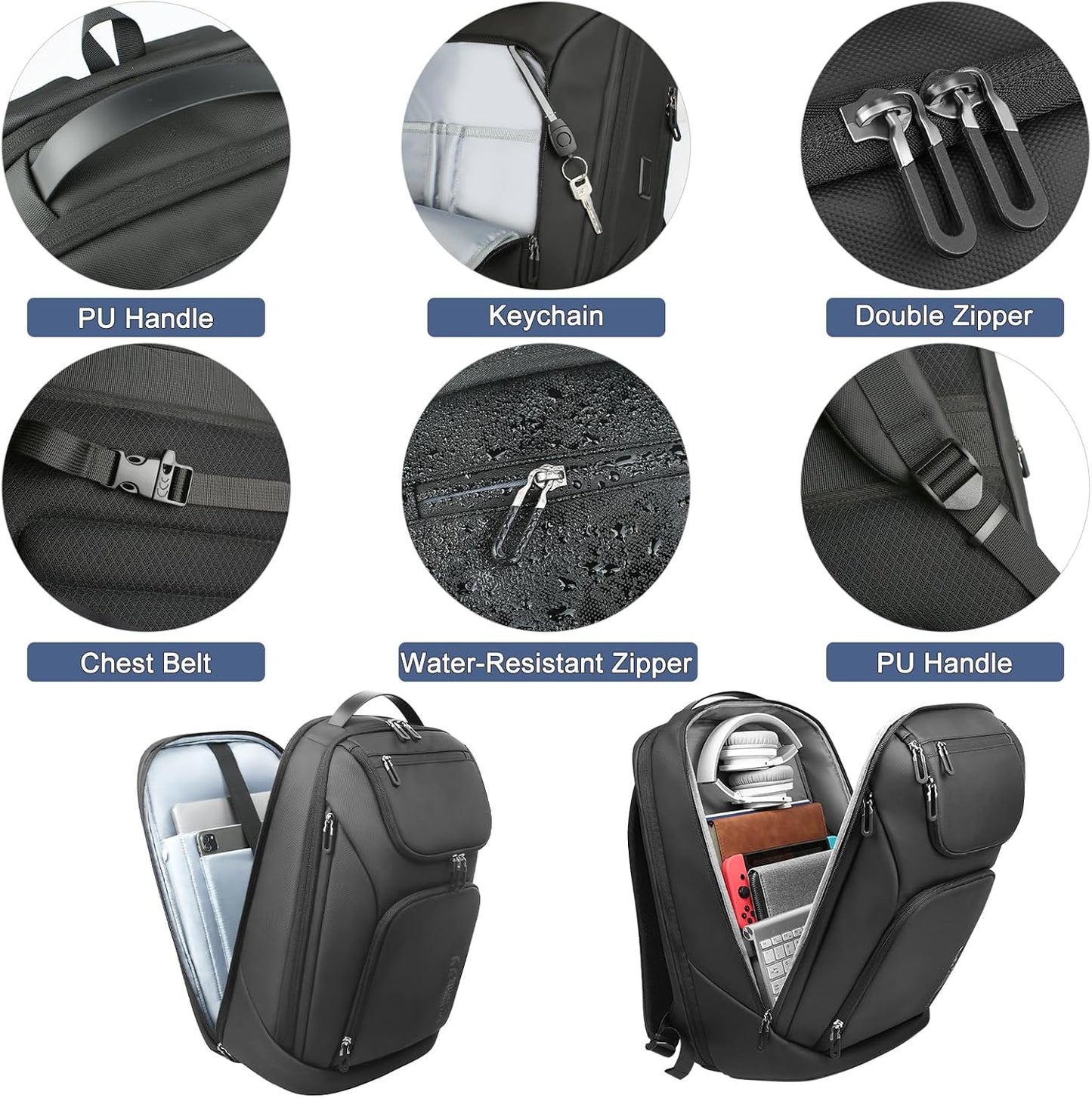 hk Business Smart Backpack for Men Anti-Theft for 17.3 Inch Laptop with USB Charging Port Water-Resistant Large Durable Compact 30L for Travel College Work-Deep Black