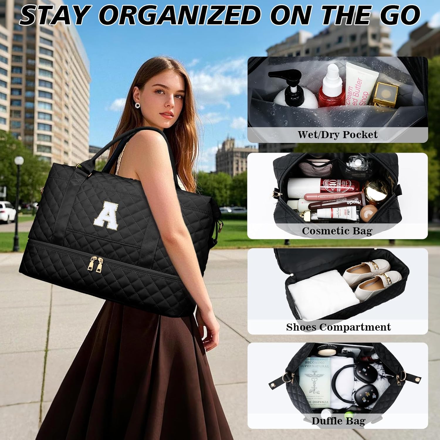 Gifts for Women Girls Initial Travel Duffle Bag Quilted Weekender Carry-On Overnight with Cosmetic