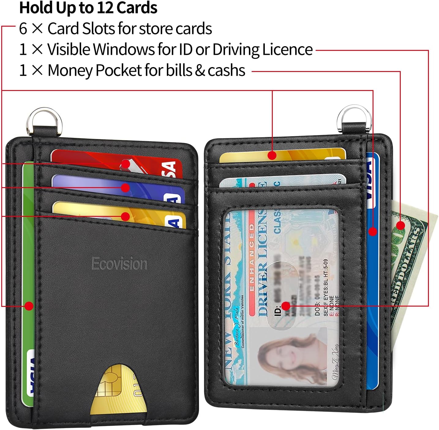 EcoVision Slim Minimalist Front Pocket Wallet, RFID Blocking Credit Card Holder Wallet with Detachable D-Shackle for Men Women