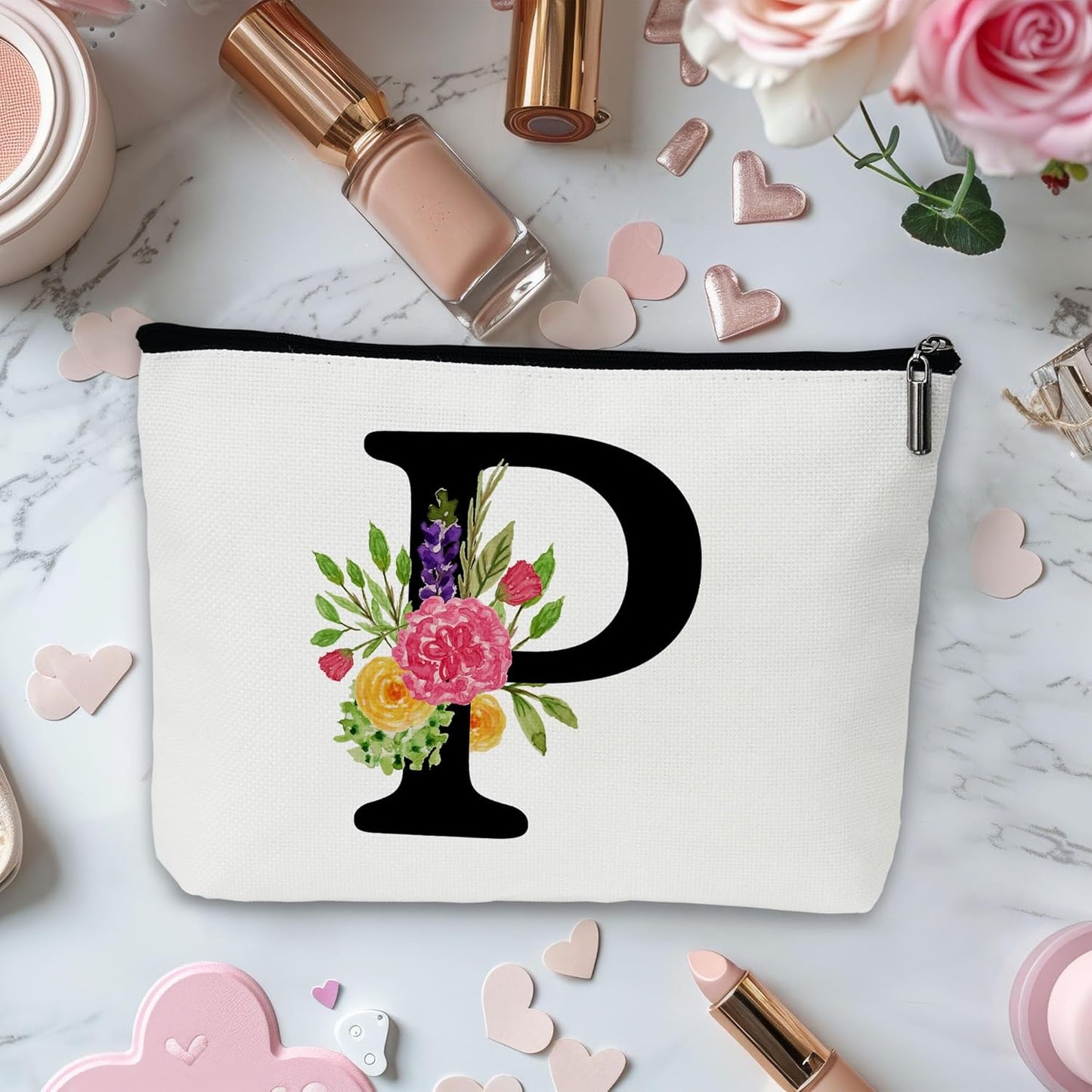 Personalized Letter P Makeup Bag for Women, Birthday Gifts for Mom, Small Zipper Pouch for Purse, Christmas Bridesmaid Friendship Gifts for Sister Daughter, Girls Weekend Gifts for Women-A16