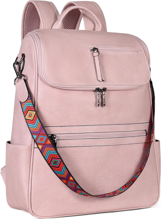FADEON Laptop Backpack for Women Leather Travel Backpack with Laptop Compartment, Designer PU Shoulder Laptop Bag Pink