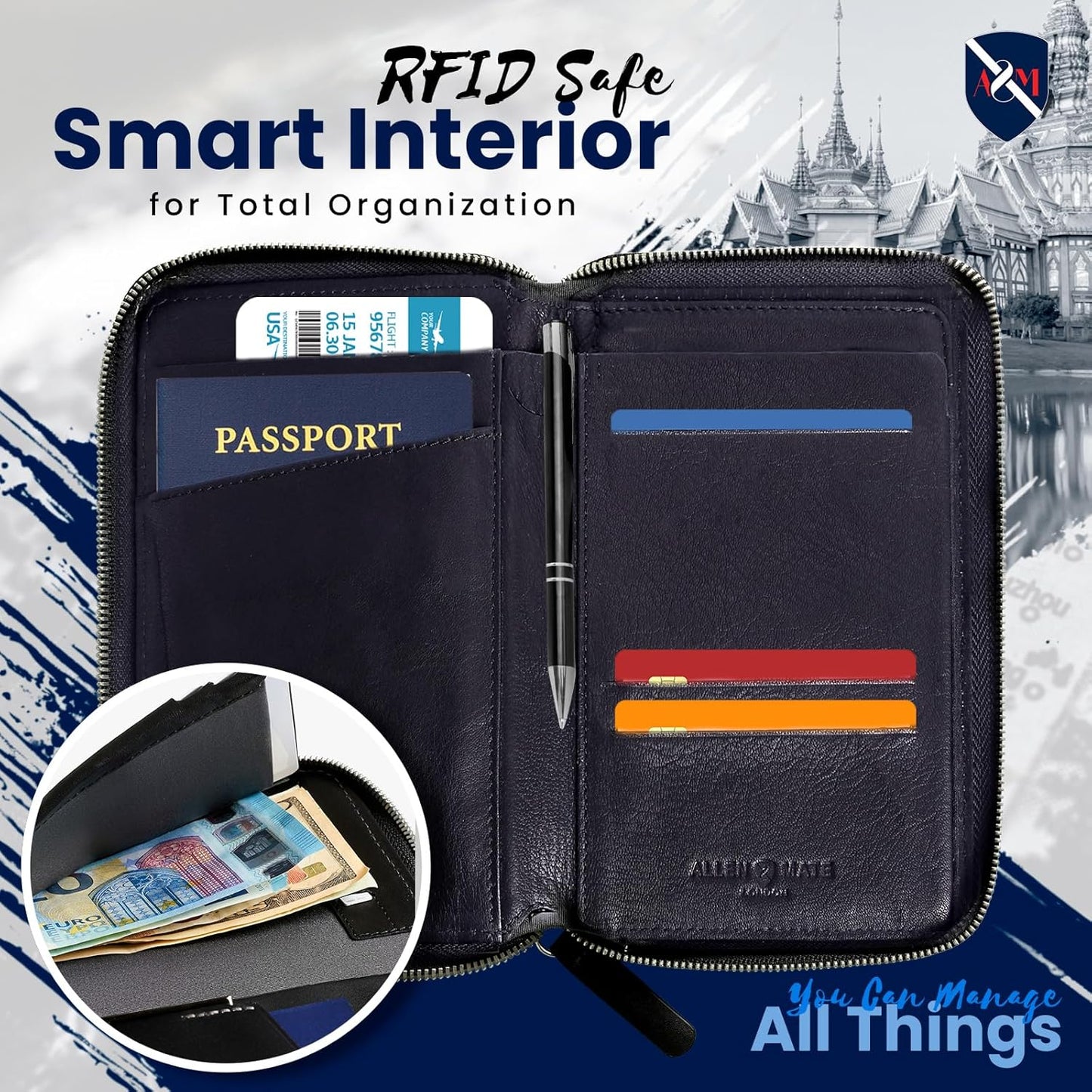 ALLEN & MATE Passport Holder Travel Wallet, 100% Leather RFID Blocking Travel Document Organiser for Men & Women