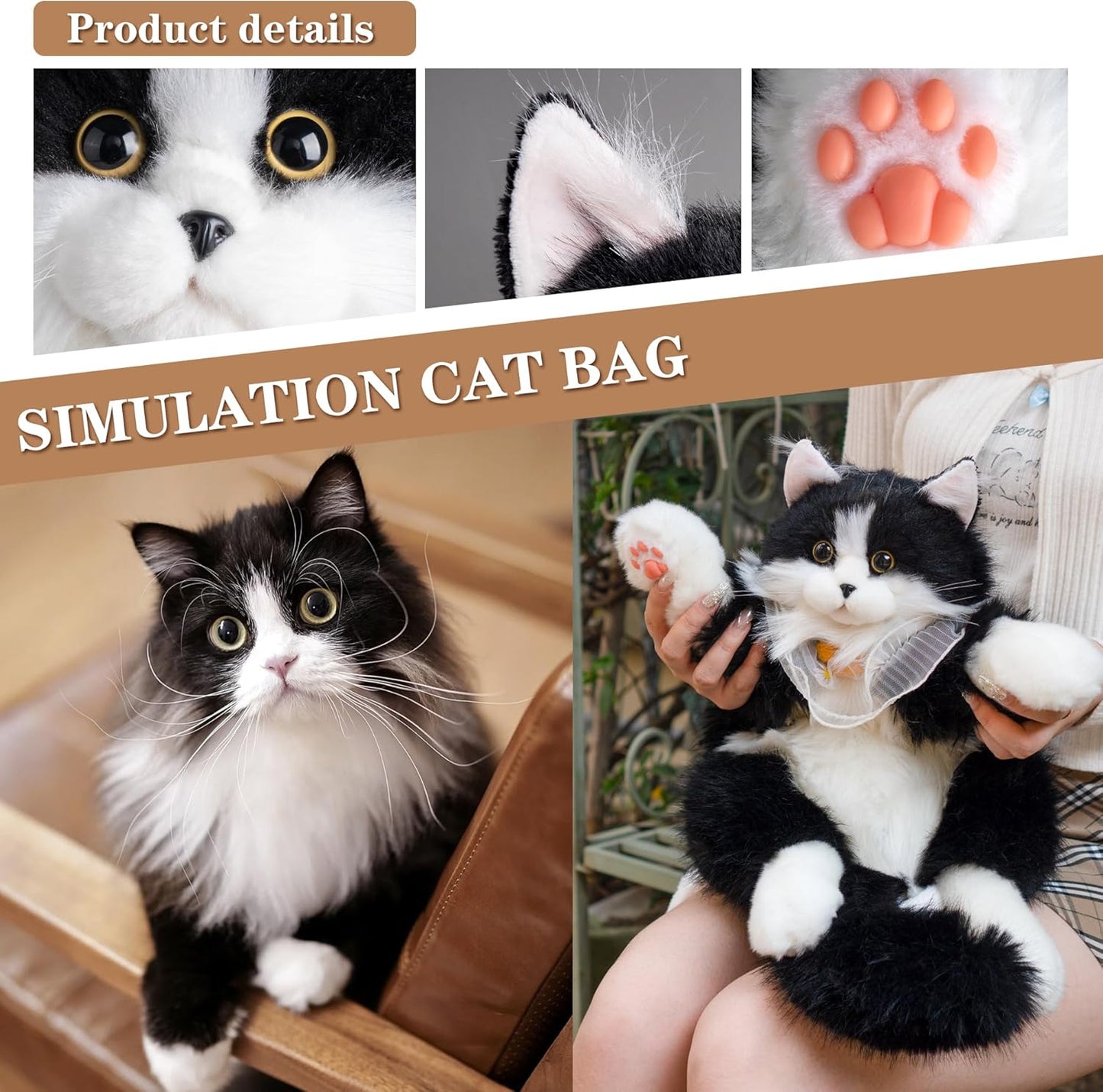 Chongker Stuffed Realistic Cat Plush Backpack - Cute and Soft Stuffed Animal Backpack with Adjustable Straps, Black