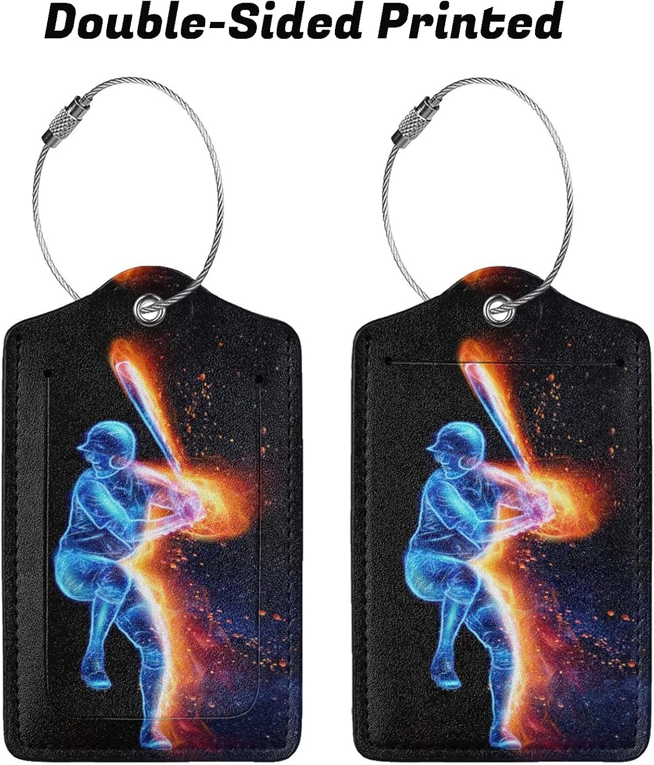 Set of 2 Sport-Themed Luggage Tags for Suitcases with Baseball Man Pattern for Kids Teen Boys Men, PU Leather Travel Tag Name Label Tags with Privacy Cover for Backpack Luggage