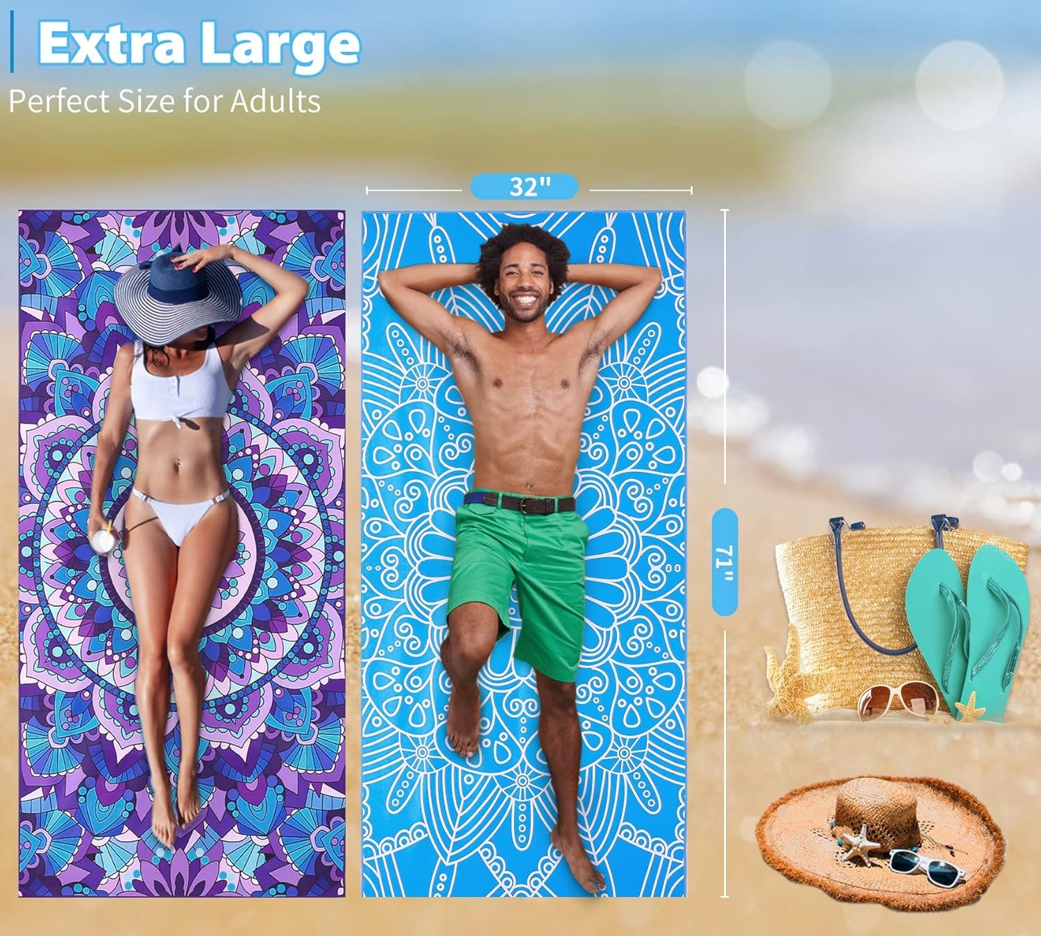 4 Pack Microfiber Oversized Lightweight Beach Towel 71"x32" XL Extra Large Thin Sand Free Towels