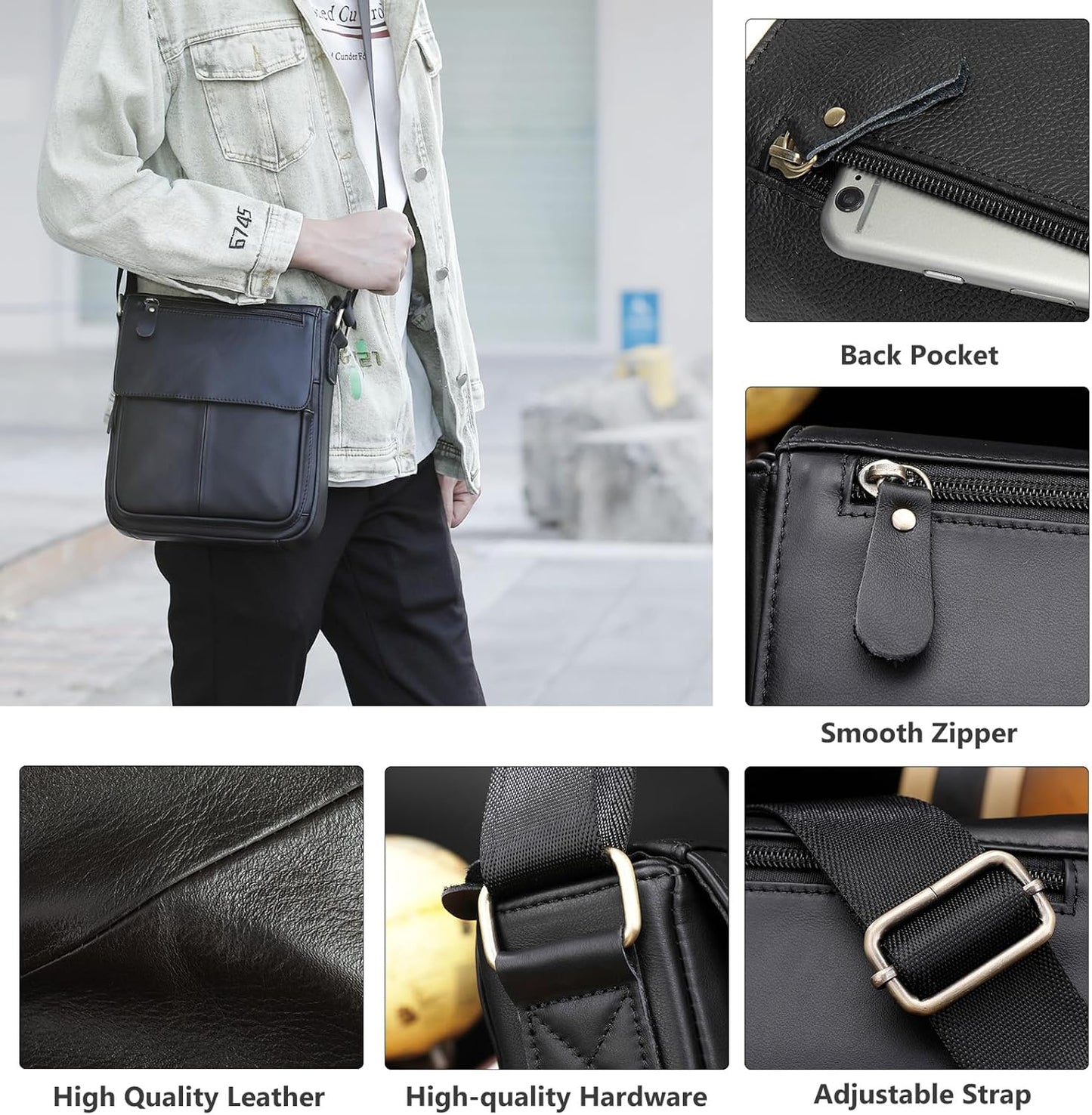 Genuine Leather Messenger Crossbody Shoulder Bag for Men, Man Purse Satchel Travel Handbag Work Business