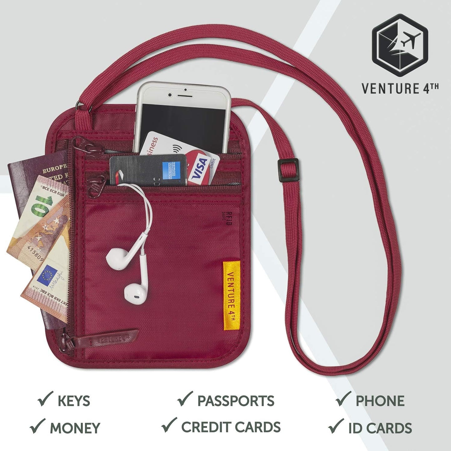 VENTURE 4TH RFID Blocking Travel Neck Wallet - Security Neck Pouch Passport Holder with Nylon Lining (Red)