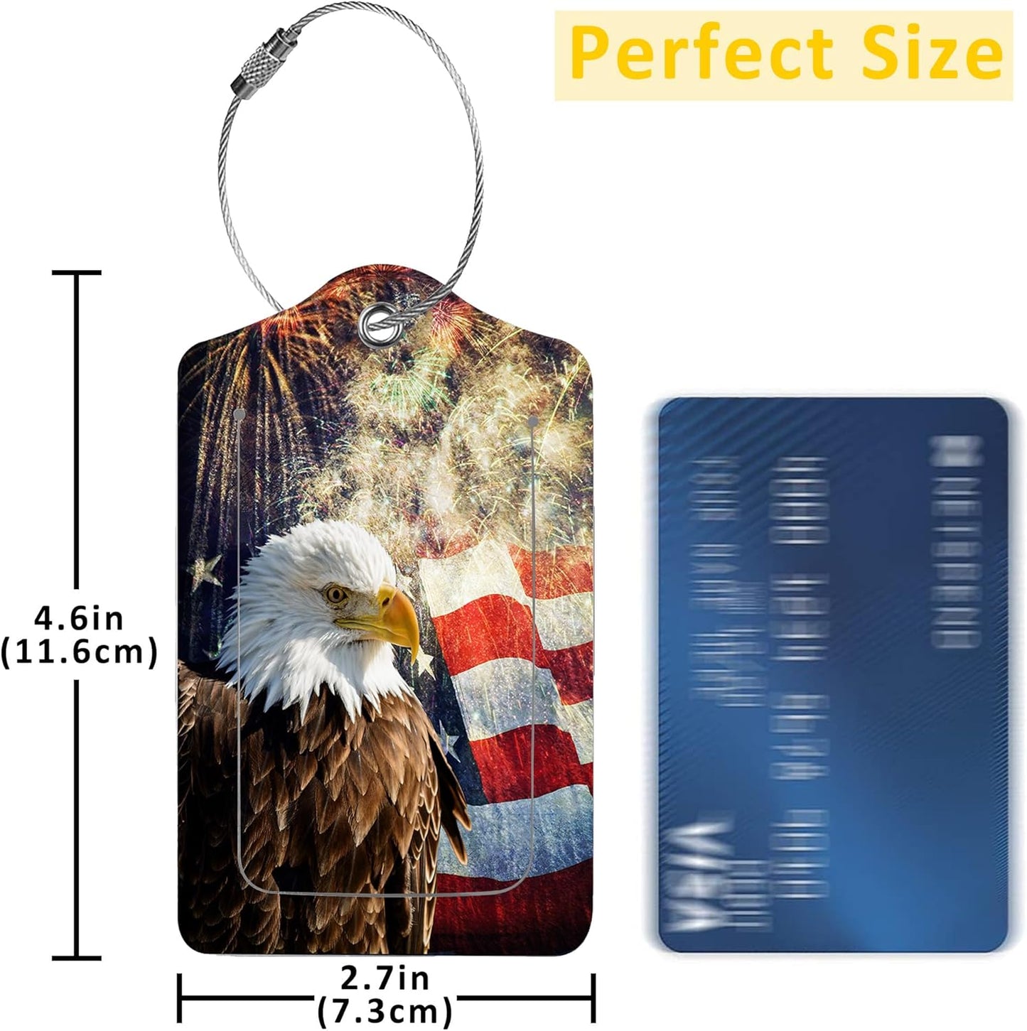 2 Pack Luggage Tags for Suitcases,Bald Eagle with USA Flag Luggage Tag,PU Leather Id Label Luggage Tags with Stainless Steel Loop and Privacy Cover for Women Men Teens Travel