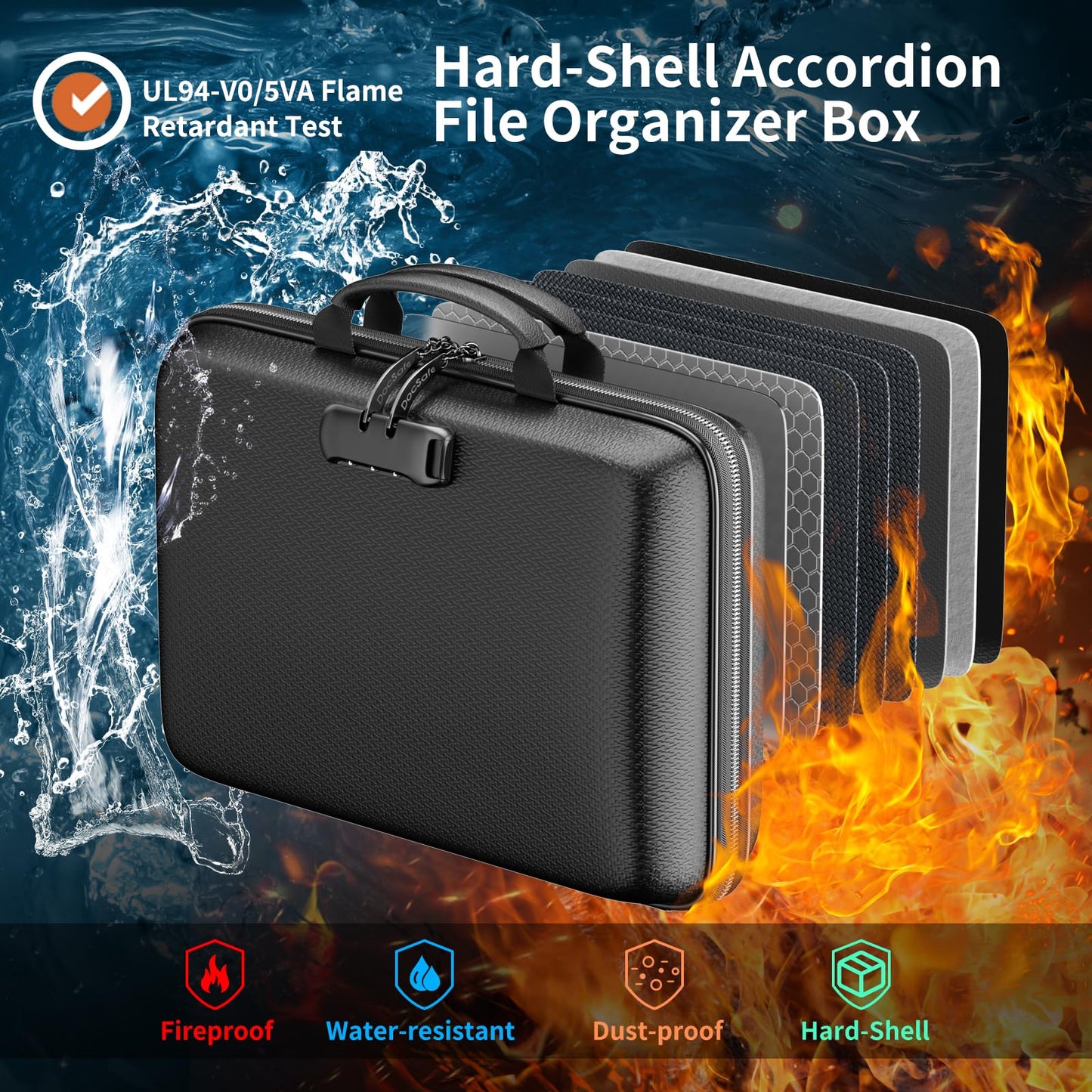 DocSafe Fireproof File Organizer with Lock, Hard-Shell Case Fireproof Document Box with 13 Pocket