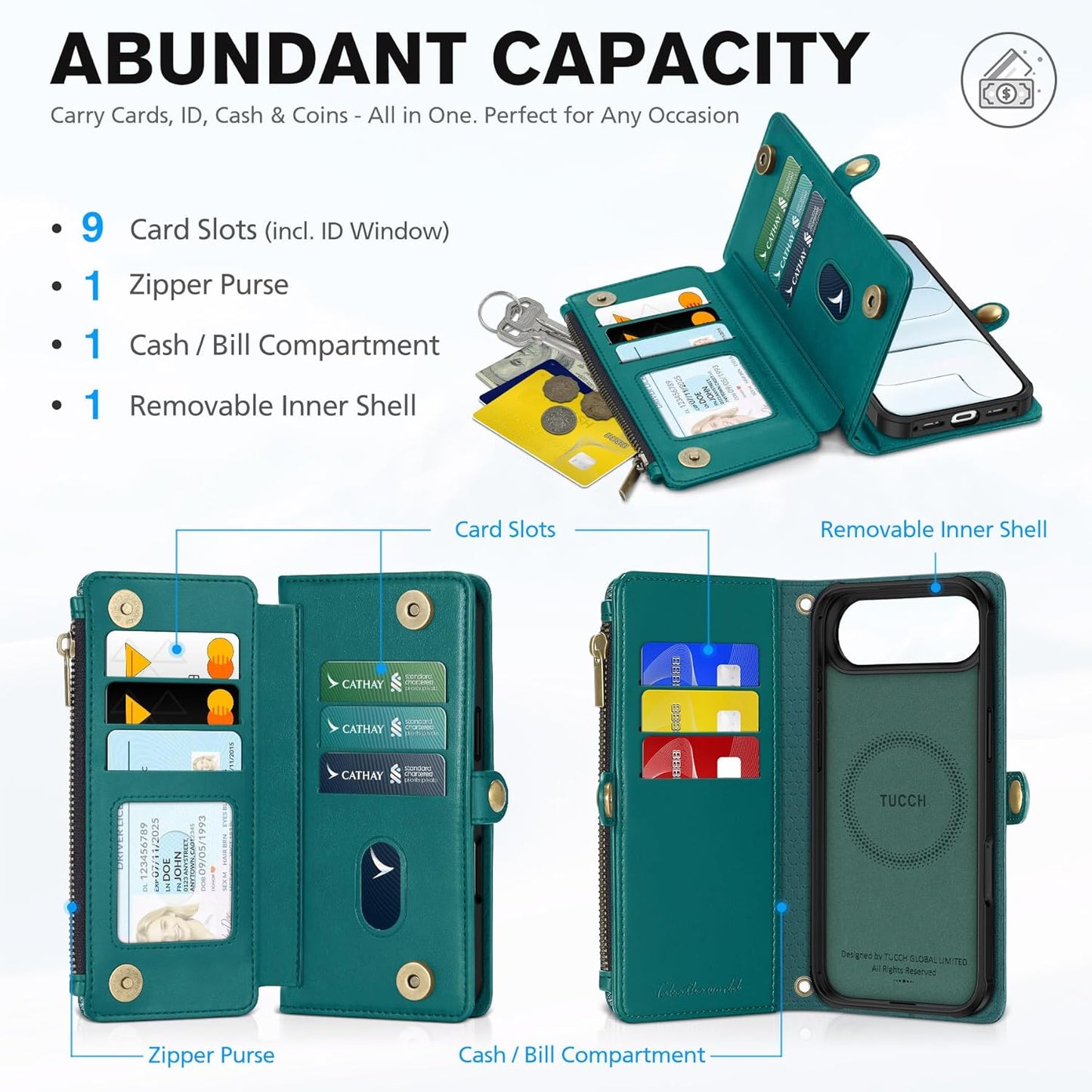 TUCCH Detachable Crossbody Wallet Case for iPhone Air (6.5"), 9 Card Holders RFID Blocking | Lanyard | Wrist Strap | Wireless Charging | Zipper Pocket | PU Leather | Stand Flip Cover | Bluish Green