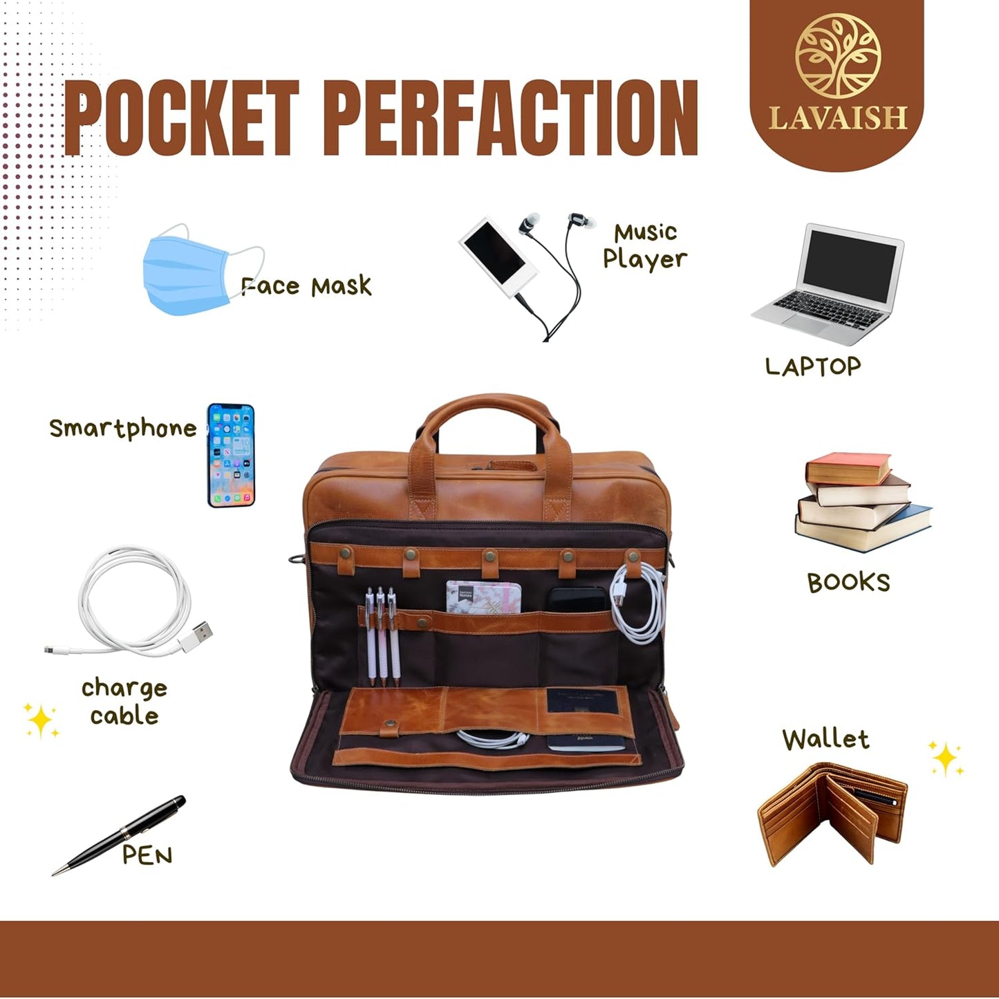 Handmade Full-Grain Leather Briefcase for Men & Women–17" Laptop Bag with Computer Compartment