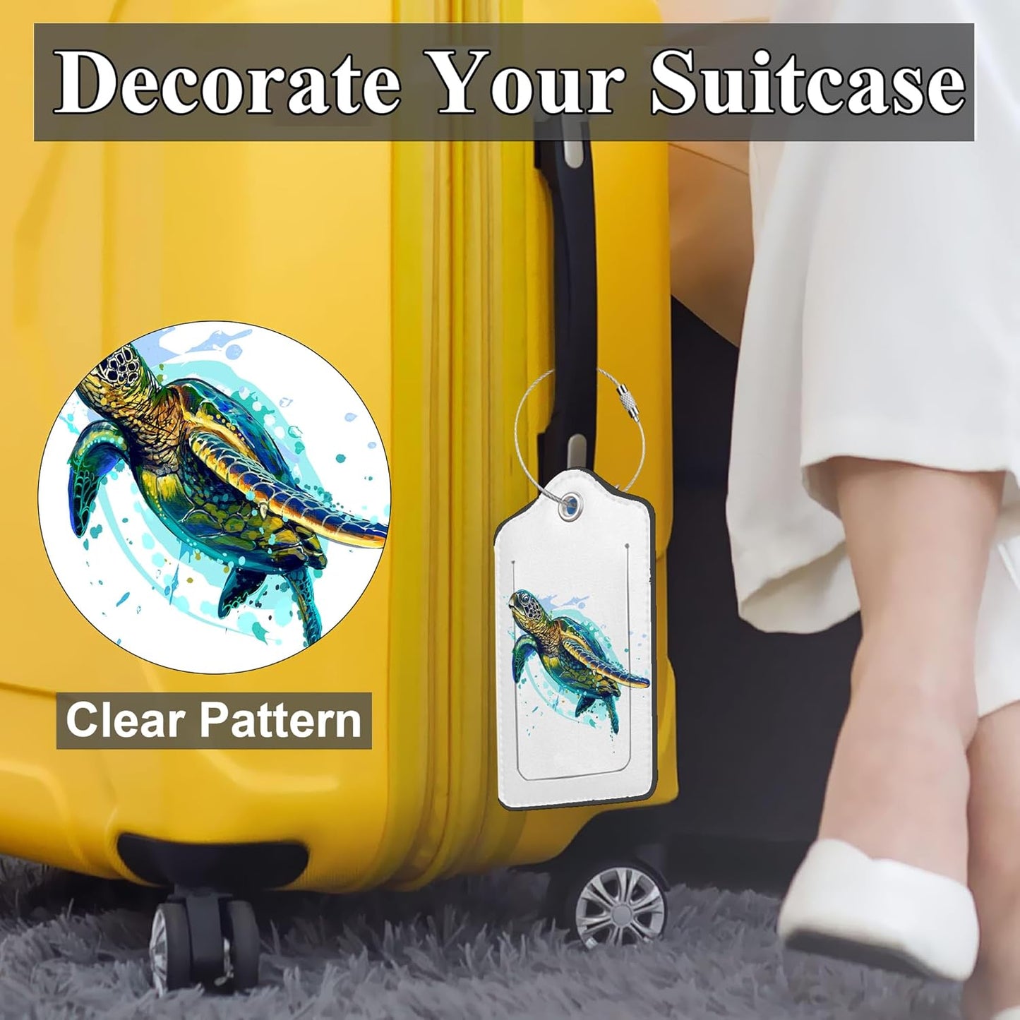 Set of 2 Luggage Tags for Suitcases, Leather Watercolor Sea Turtle Baggage Tags with Stainless Steel Loop, Privacy Name ID Card Cover Travel Labels for Women Men Kids Girls
