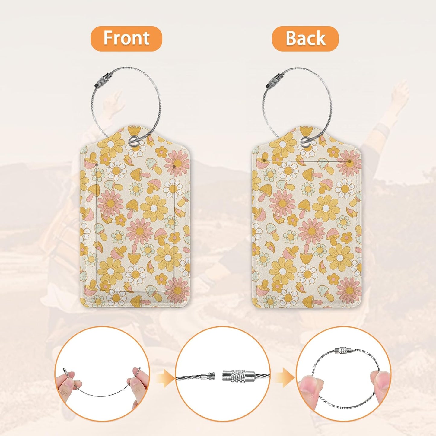 2 Pcs Luggage Tag for Suitcases,Retro Groovy Floral Mushrooms Leather Baggage Tags Identifiers for Travel, Privacy Protection Travel Bag Labels Flowers Suitcase Tags for Women Men
