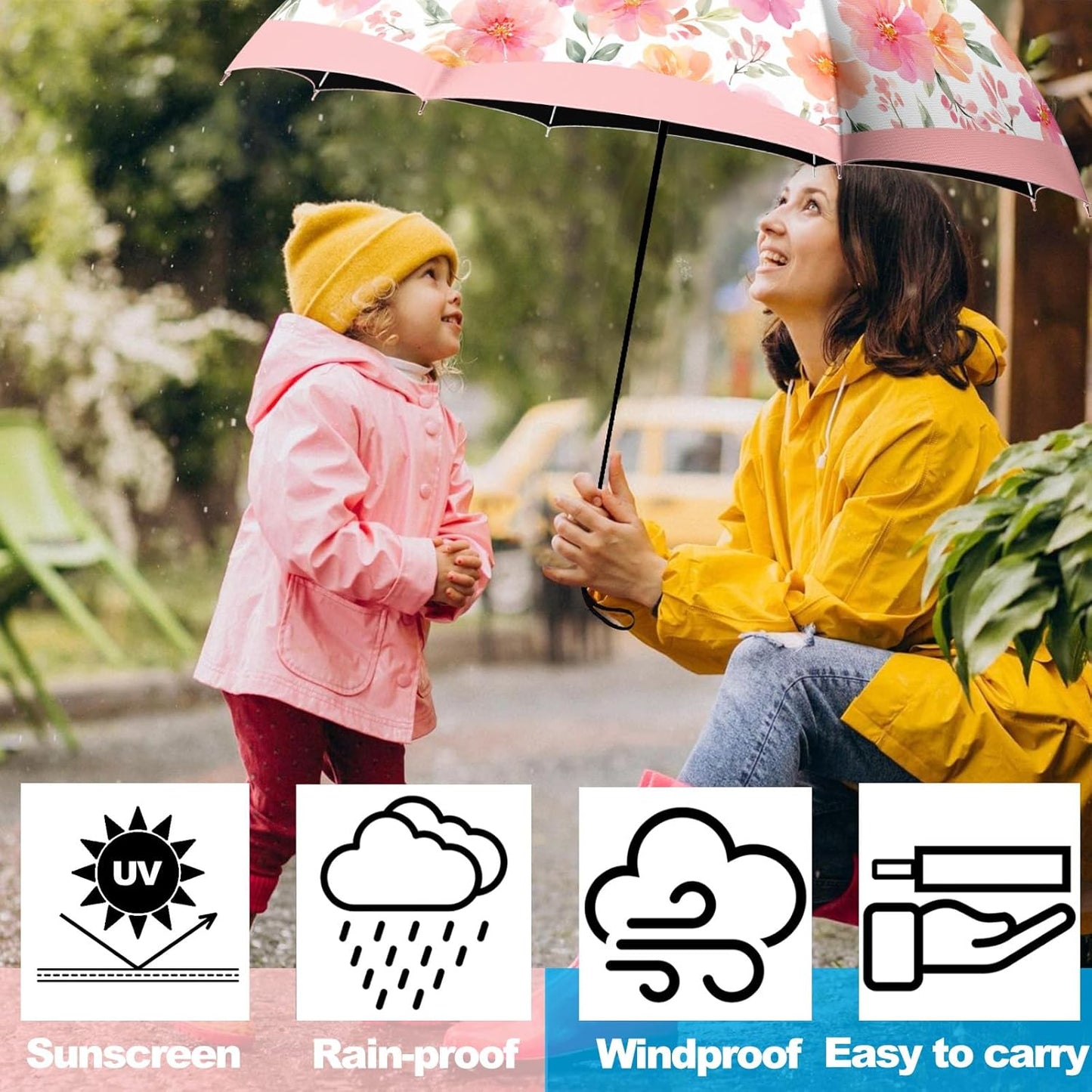 Small Travel Folding Umbrella for Girl, Portable, UV, SunShade, Compact, Automatic, Rain & Wind