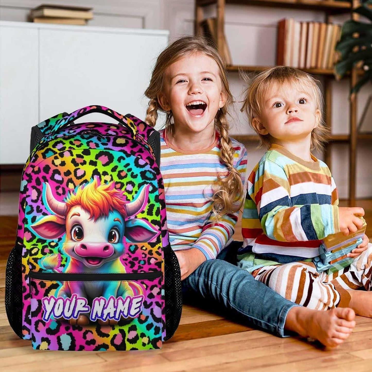 Custom Backpack for Girls - 17 Inch Cute Cow Backpack for Kids Children - Rainbow Cow Print
