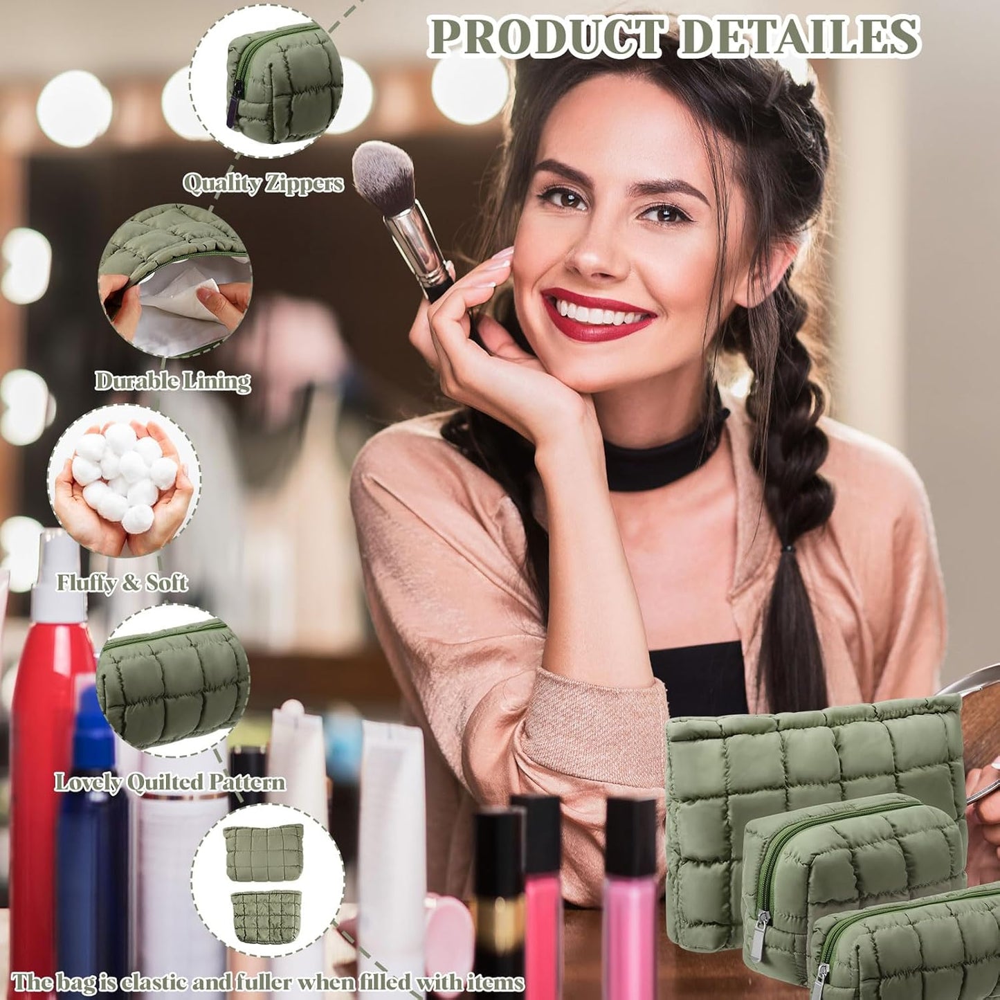 3 Pcs Puffy Makeup Bag Quilted Cosmetic Pouch for Women Cute Checkered Travel Toiletry Bag Puffer Makeup Organizer Purse Pouch Preppy Pencil Case with Zipper(Green)