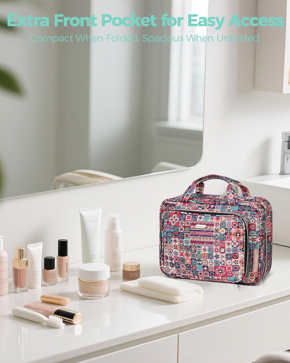 Travel Hanging Toiletry Bag for Women, 12'' x 4.3'' x 9'' Makeup Bag Cosmetic Organizer Waterproof with Hanging Hook Multiple Pockets for Women Travel Essentials Bohemia