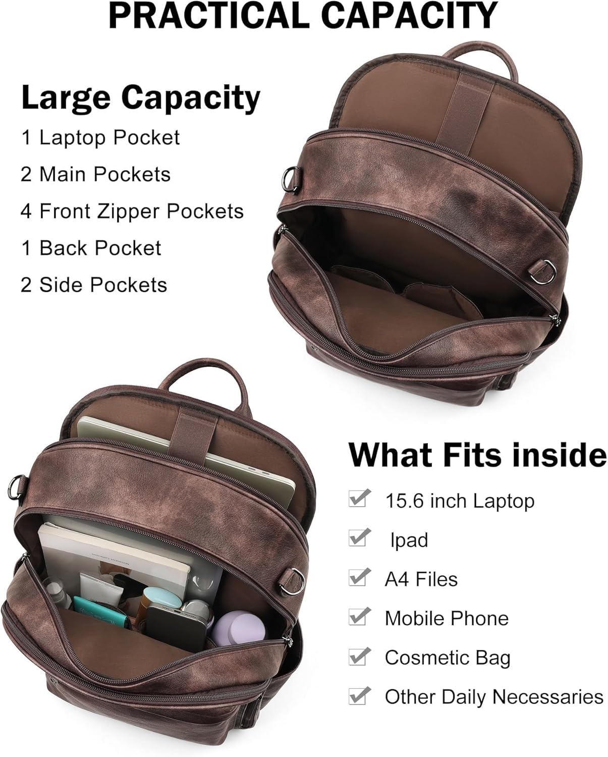FADEON 15.6 inch Laptop Backpack Purse for Women Designer PU Leather Computer Backpacks Fashion for