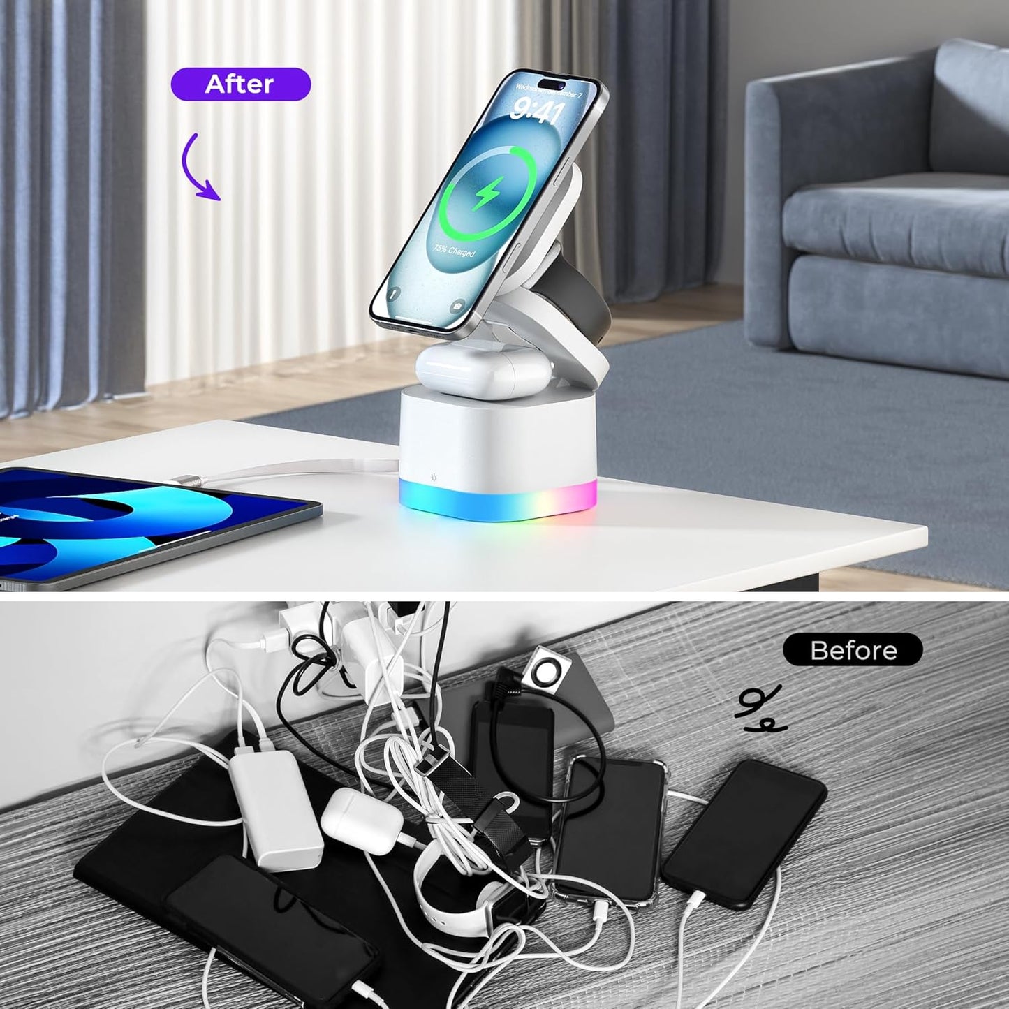 5 in 1 Wireless Charger, Foldable Wireless Charging Station with Night Light for Apple Magnetic Charger, Retractable Cable Travel Charger Stand for iPhone 17/16/15/14/13/12, Apple Watch, AirPods Pro 3