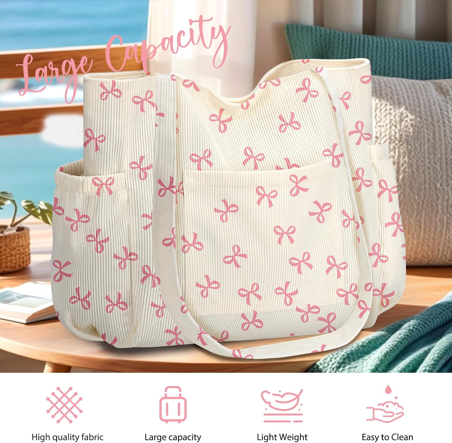 Corduroy Tote Bag for Women,Large Capacity Cute Tote Bags With 6 Pockets,Crossbody Shoulder Handbag
