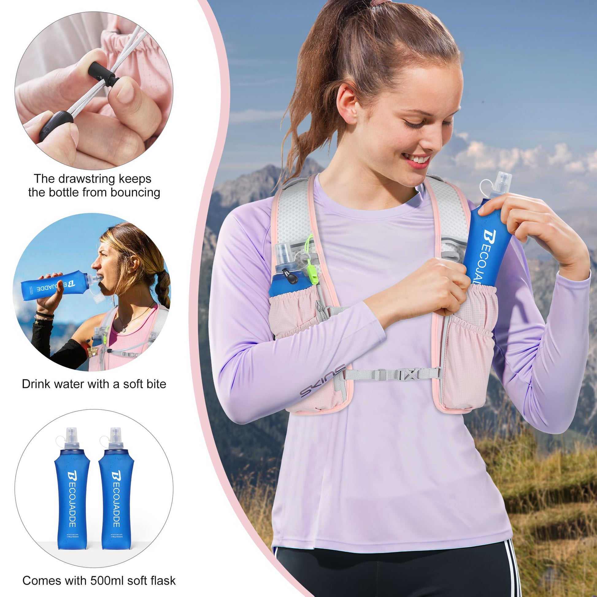 BECOJADDE Running Vest Hydration Backpack with Two 500ML Soft Water Bottles for Men Women, 5L