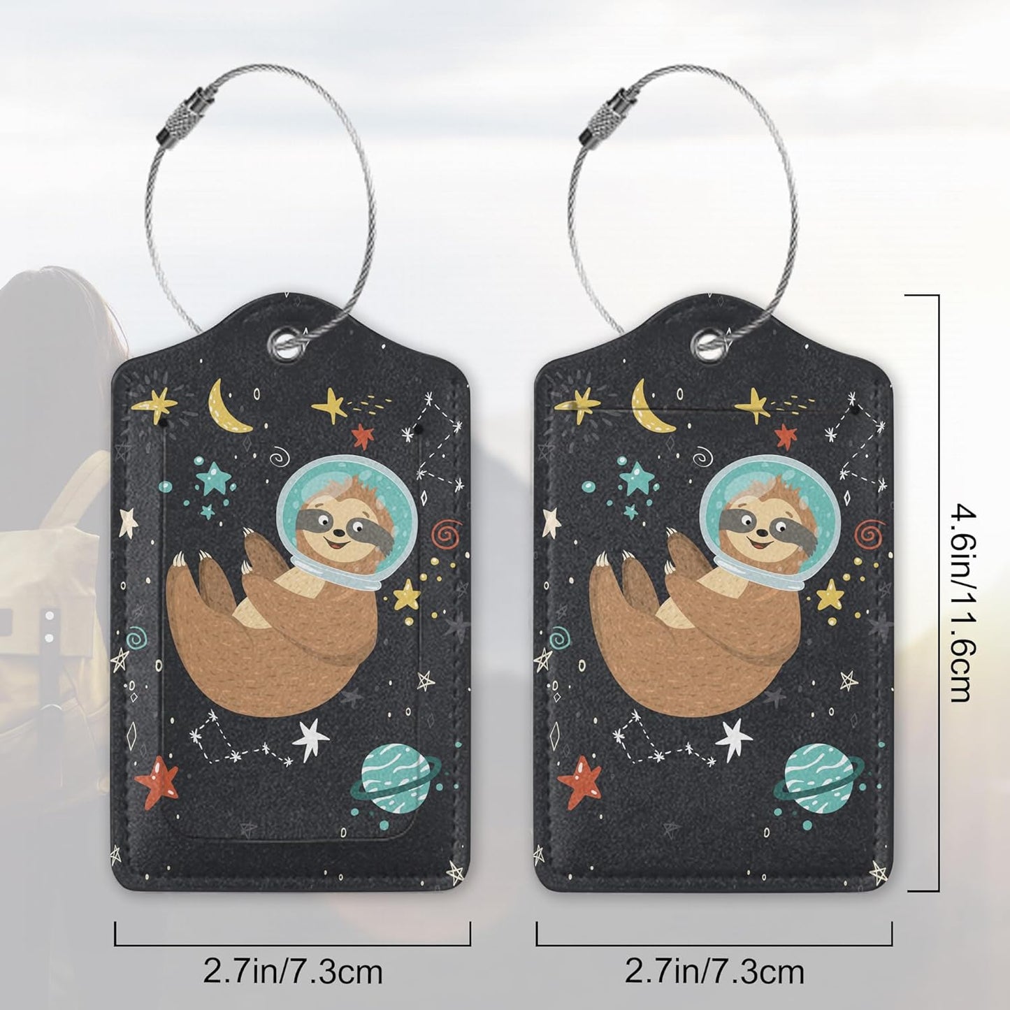 2 Pack PU Leahter Luggage Tag with Stainless Steel Loop,Sloth Space Travel Luggage Tag Travel Suitcase Labels with Privacy Cover ID Label Quickly Spot for Bags & Baggage