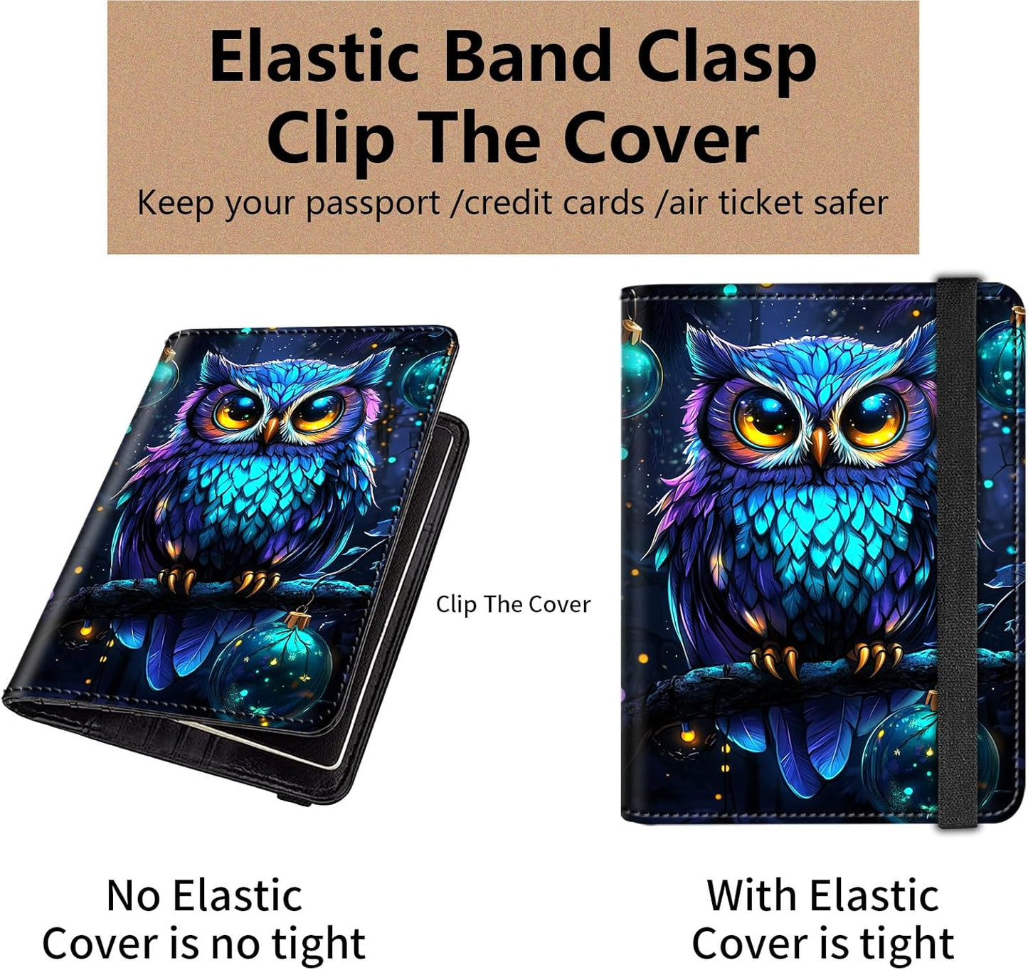 Passport and Vaccine Card Holder Cover Combo,Travel Passport Holder Wallet with RFID Blocking, Leather Vaccine Card Slot Passport Cover Case for Women & Men,Cute Purple Blue Owl