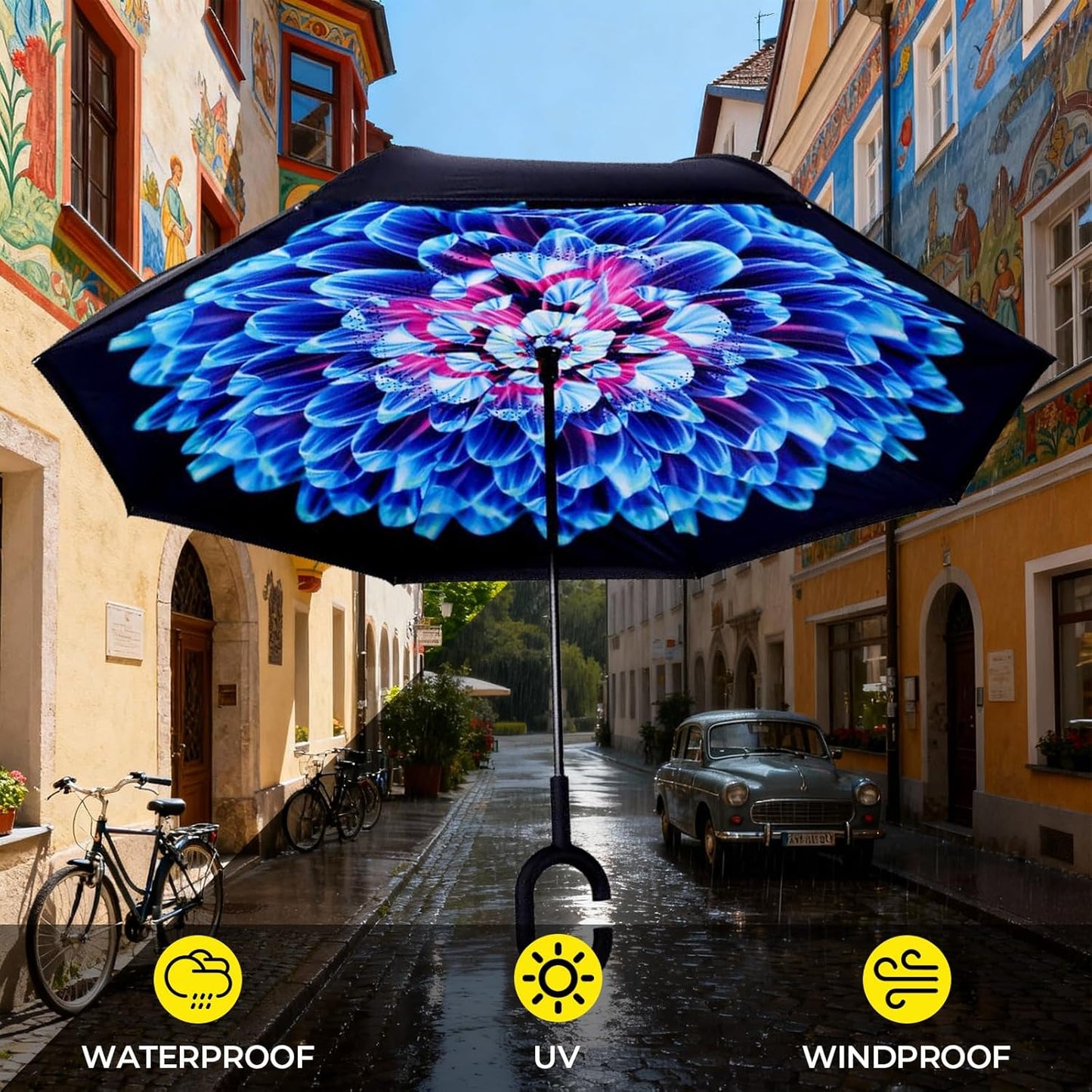 LLanxiry Windproof Inverted Umbrella, Large Reverse Umbrellas for Rain with C-shaped Handle Big Upside Down Inside Out Umbrella for Women & Men