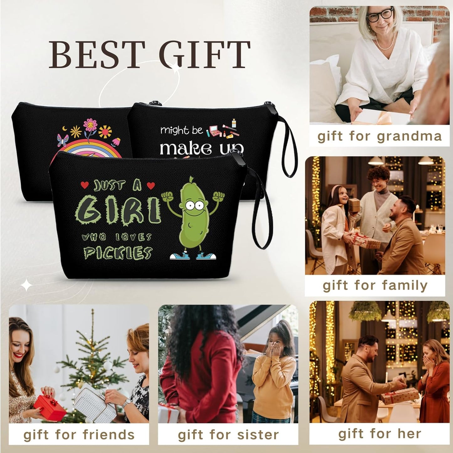 SEAMOON Pickle Friend Birthday Quirky Funny Gag Gifts for Women Sister Teens Girls Granddaughter Small Black Makeup Cosmetic Bag