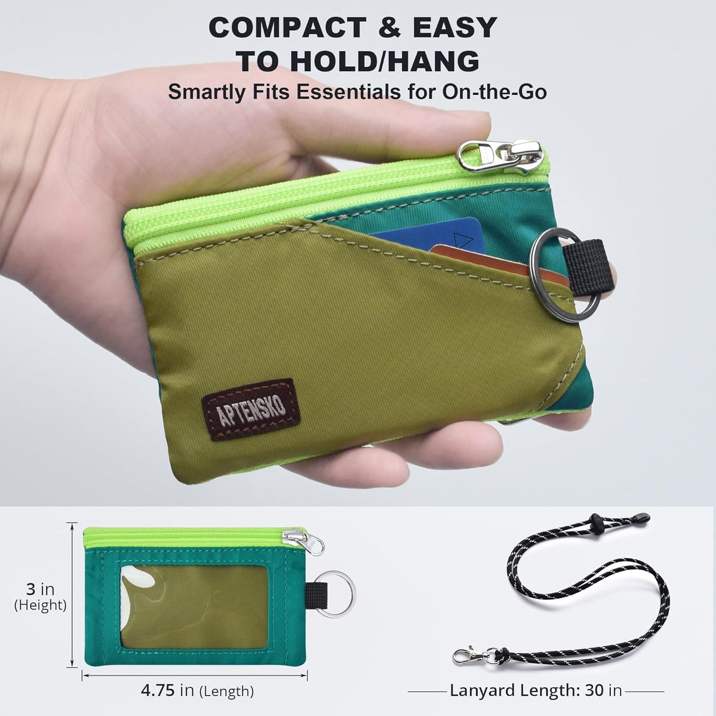 RFID Travel Wallet with Adjustable Lanyard-Zipper Small Wallet with ID Card Holder, Keychain for women&men-Minimalist Slim Waterproof Nylon case for ID, Cash, Key (OliveGreen+Turquoise)
