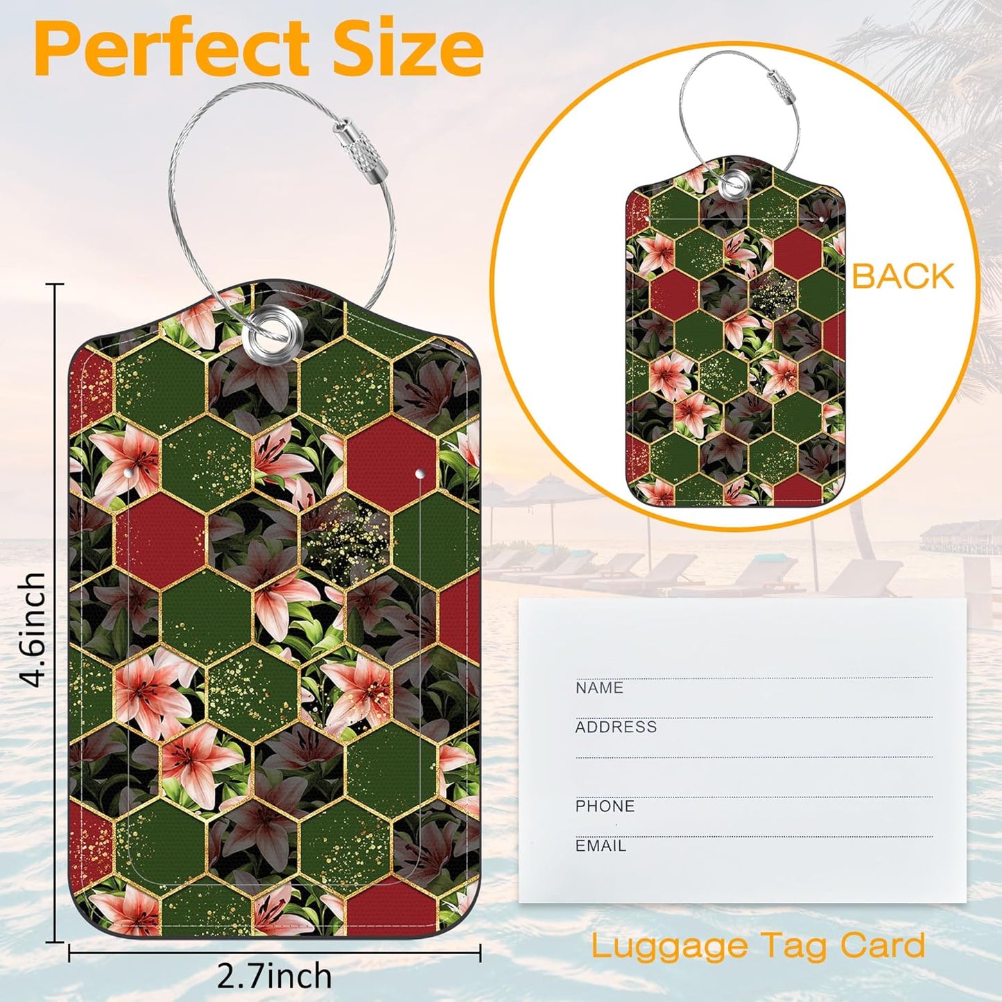 3 Pack PU Leather Luggage Tag for Suitcase Marble and Flower Suitcase Tags with Privacy Name ID Label and Stainless Steel Loop for Travel Bag