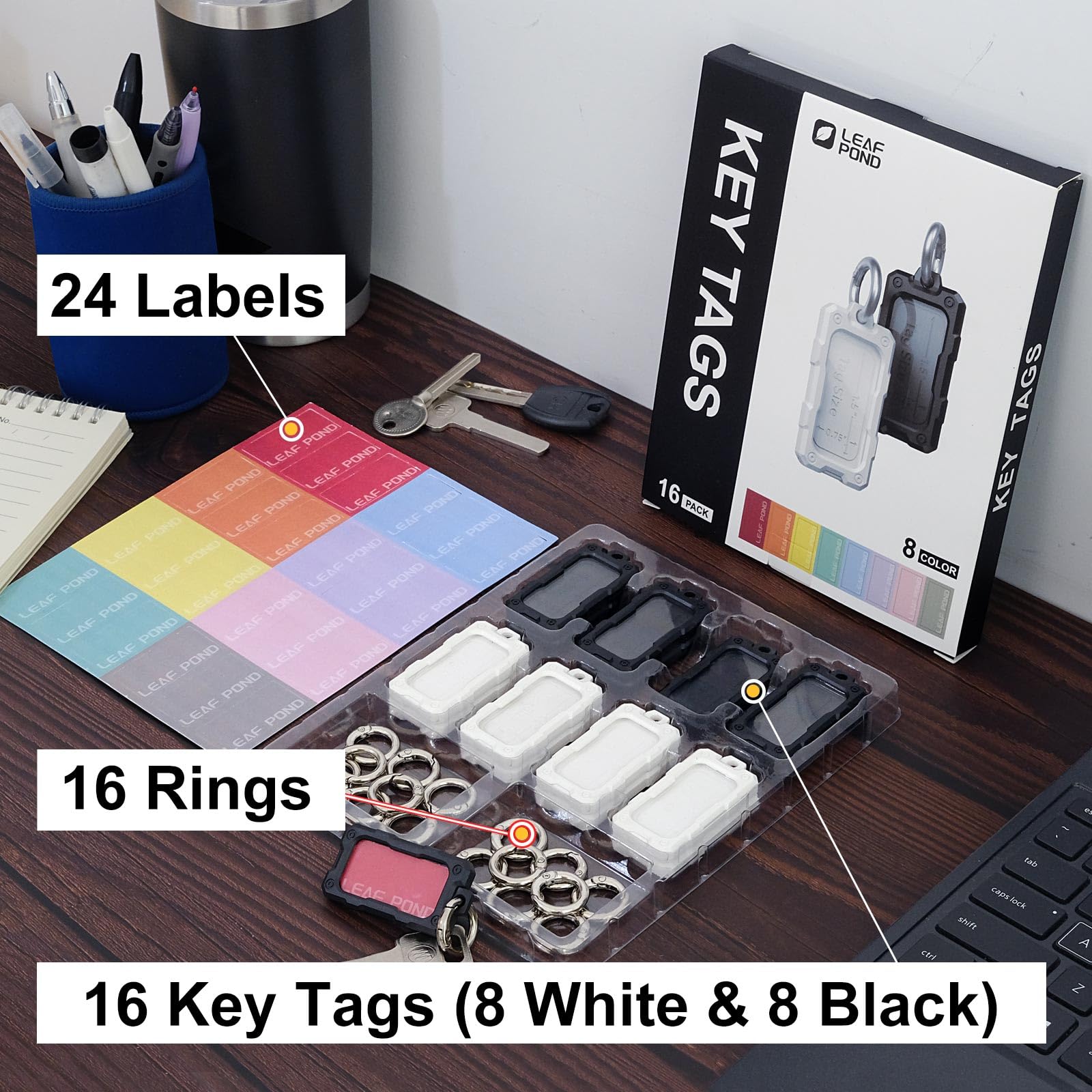 Leaf Pond 16 Pcs Solid Plastic Key Tags with O Rings, Custom ID Name Label