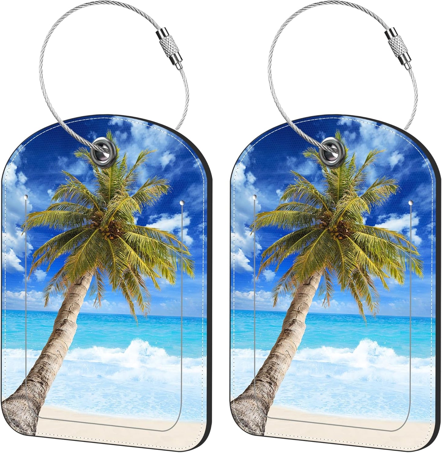 2 Pack Cute Luggage Tag for Suitcases Beach and Palm Tree Leather Luggage Tags with Stainless Steel Loop Privacy Flap Name Tags,Men and Women Travel Bag Suitcase Tags