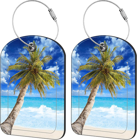 2 Pack Cute Luggage Tag for Suitcases Beach and Palm Tree Leather Luggage Tags with Stainless Steel Loop Privacy Flap Name Tags,Men and Women Travel Bag Suitcase Tags