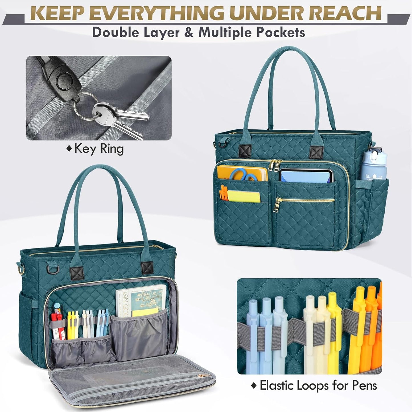 RAINSMORE Teacher Tote Bag 17.3 inch Laptop Bag for Women Work Bags Laptop Tote Nurse Bag Professional Computer Messenger with Insulated Pocket Briefcase, Teal