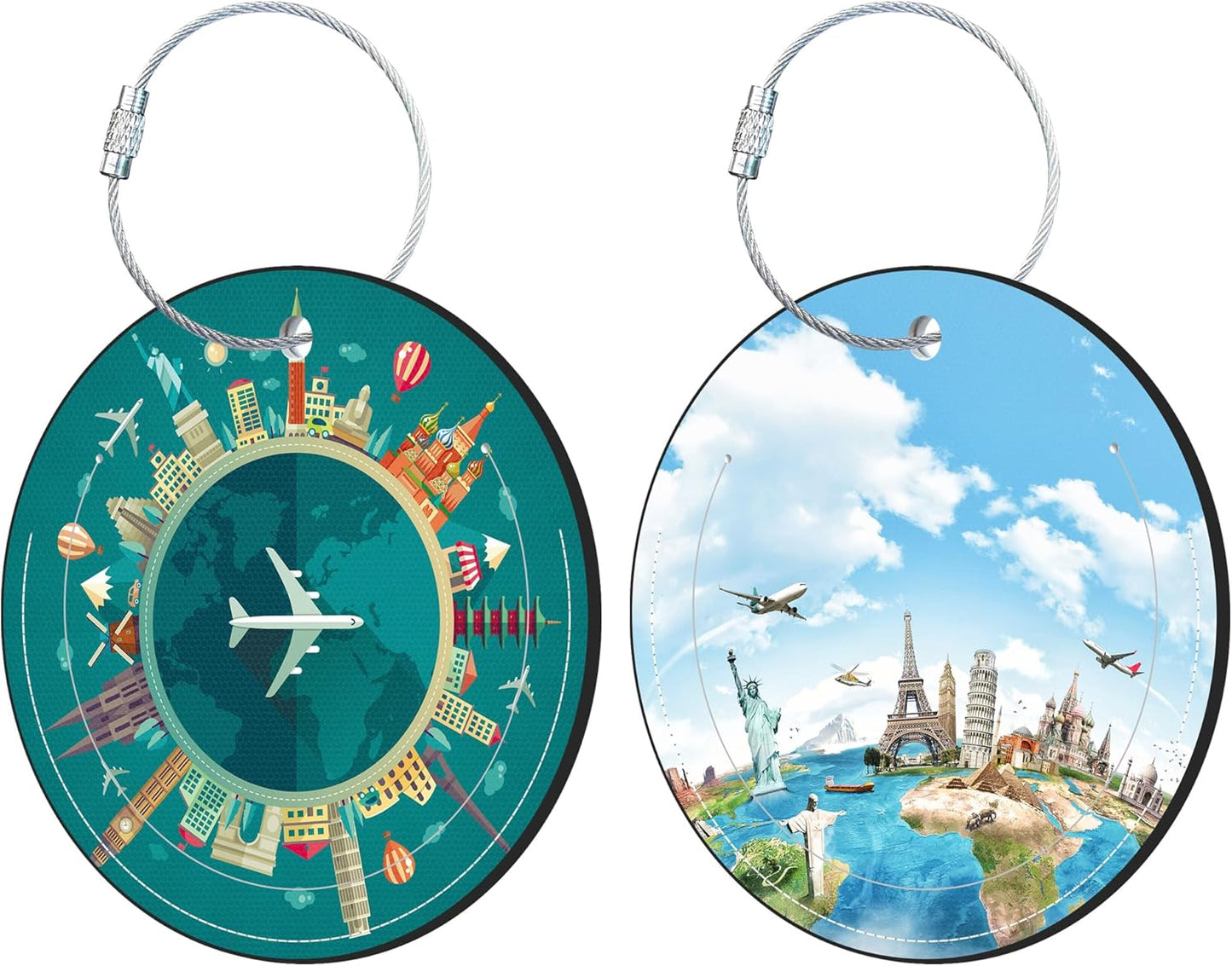 Round Cute Luggage Tags 2 Pack Travel Around The World Creative Baggage Tags,Cruise Travel Baggage Suitcases Tag with Stainless Steel Loop ID Tag Privacy Flap
