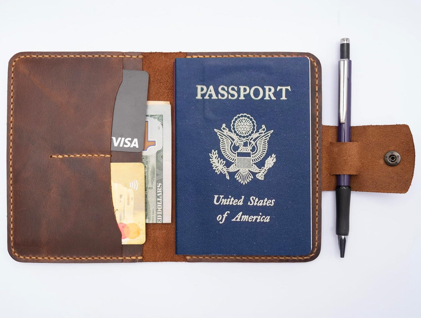 Handmade Passport Leather Case, Wallet Credit Card Holder (Dark Brown)