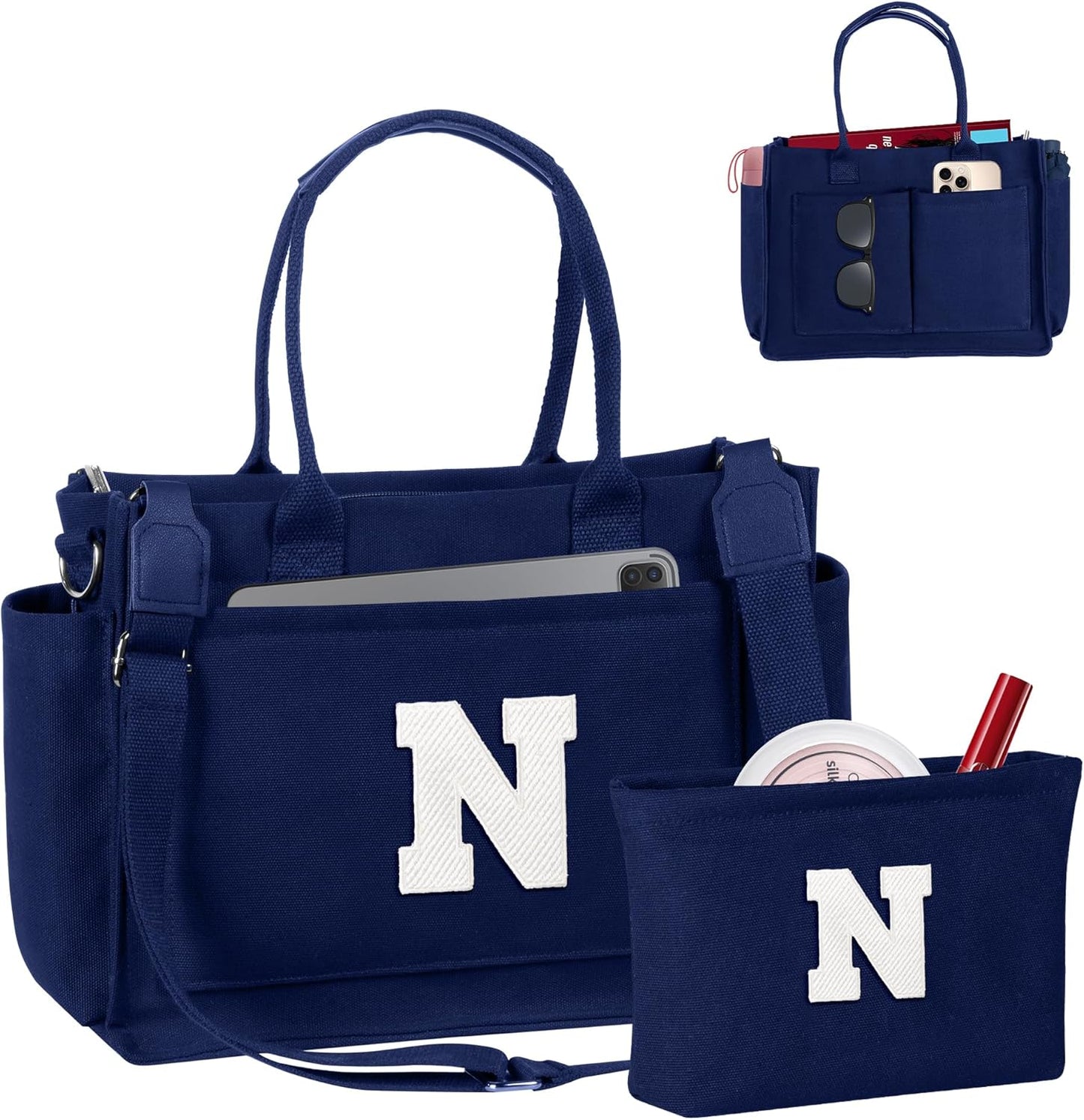 Gifts for Women Teen Girls, Initial Tote Bag with Zipper, Letter Canvas Tote Purse for College Work Laptop Beach