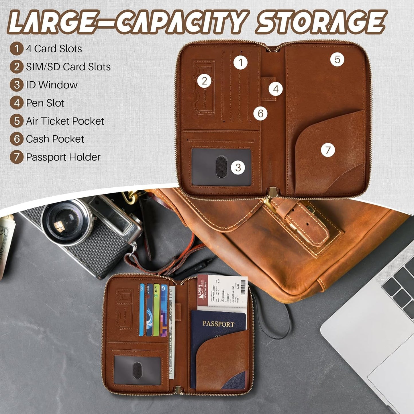 Passport Holder Wallet with Tracker Case, RFID Blocking PU Leather Passport Cover, Travel Document Organizer Wallet for Men and Women (Brown)